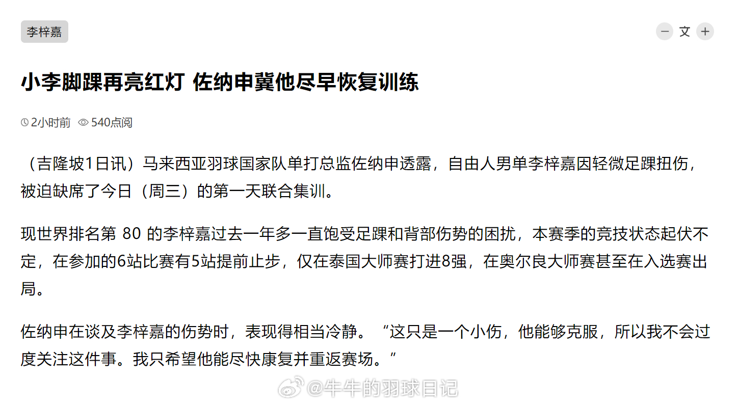 小李脚踝再亮红灯 佐纳申冀他尽早恢复训练（吉隆坡1日讯）马来西亚羽球国家队单打总
