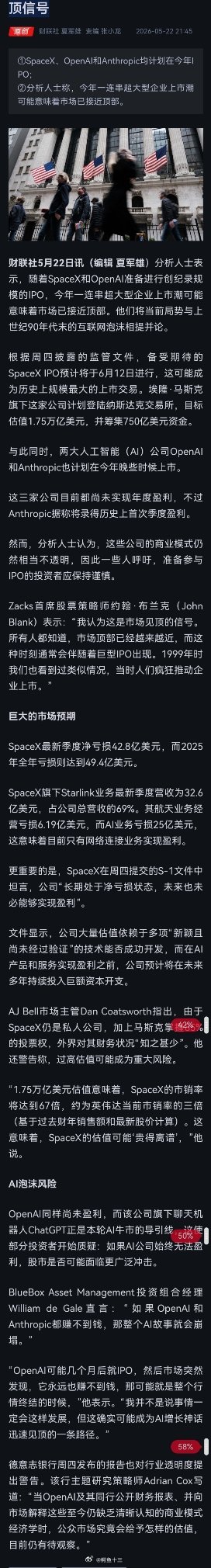 a股 SpaceX、OpenAI冲刺超级IPO 分析人士警告：这或许是市场见顶信