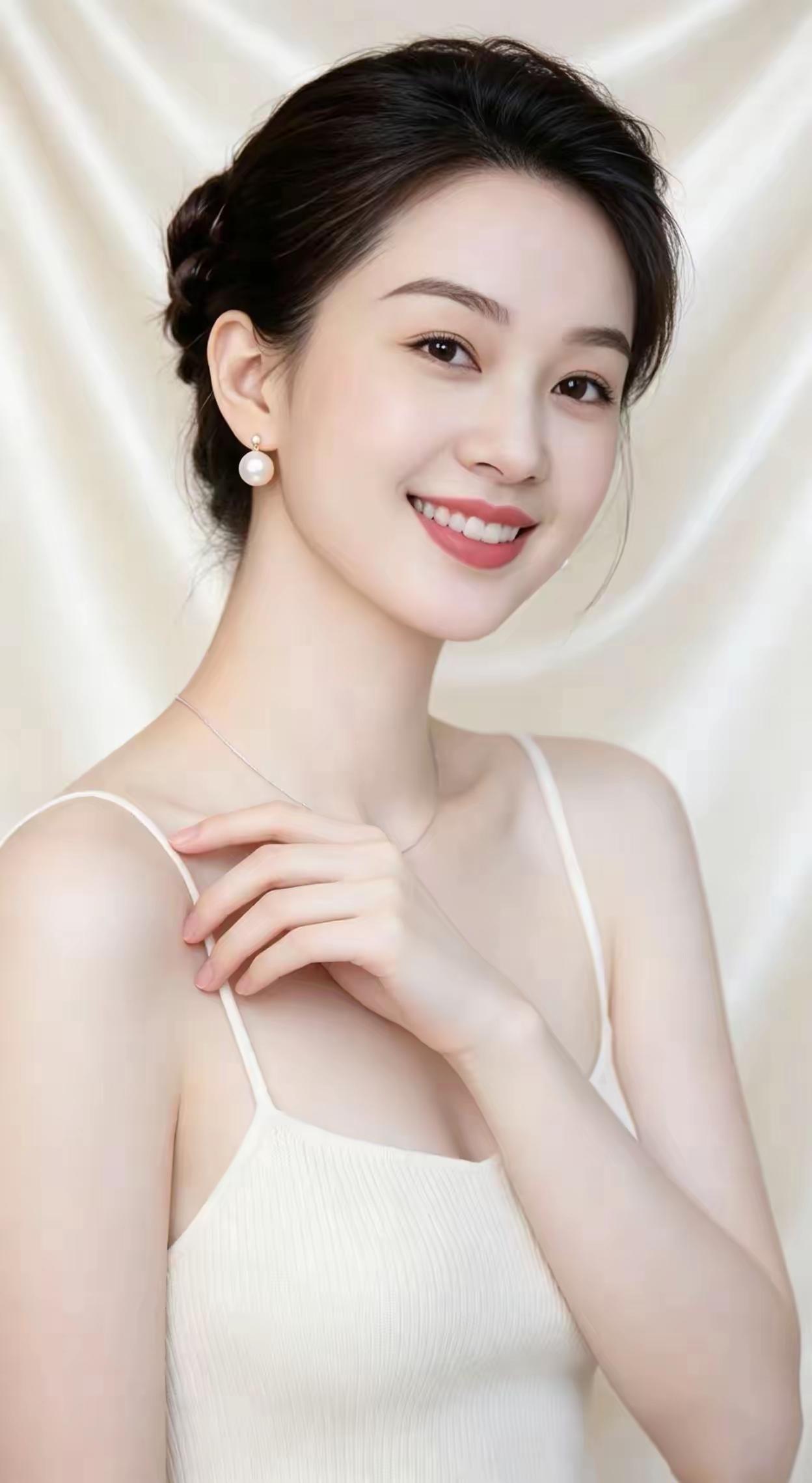 这位美女穿着白色吊带裙，微笑迷人。