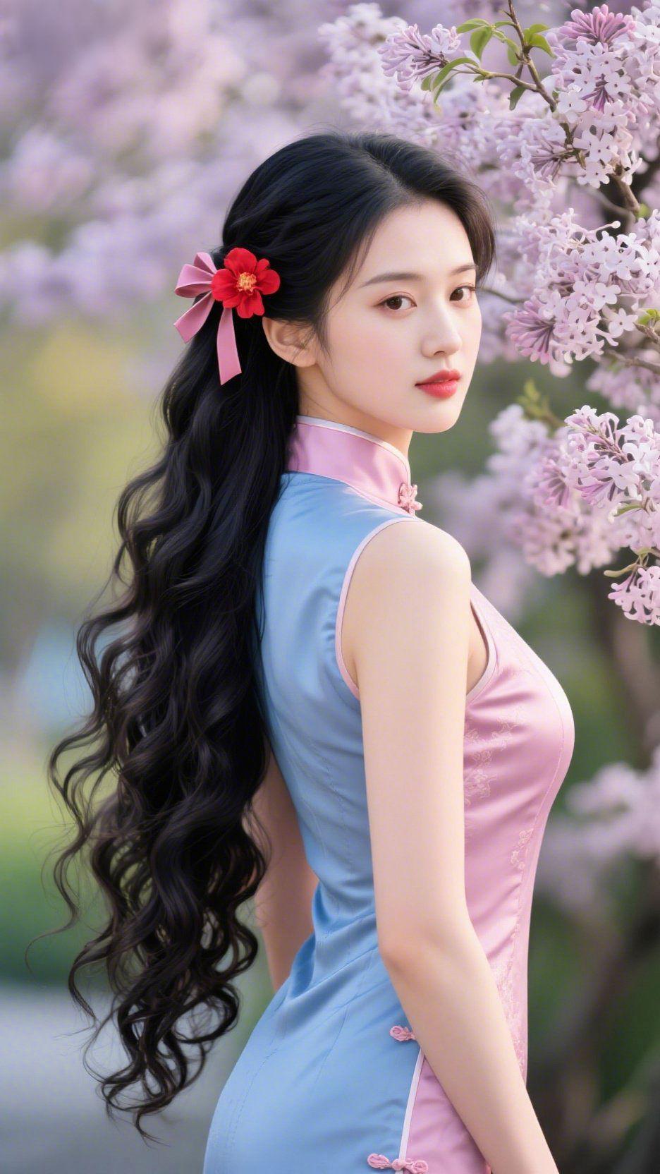 丁香绕旗袍
 
春风揉碎了枝头的紫，一簇簇丁香绕着肩头，晕开温柔的弧度。粉蓝相间