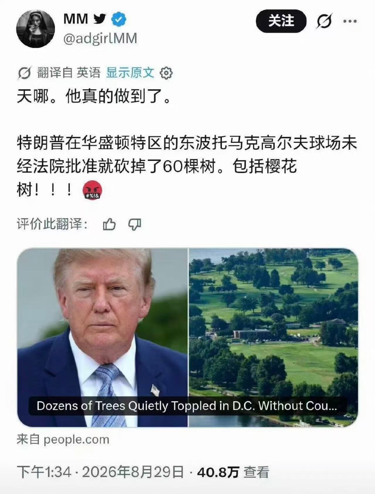 特朗普：我从国父华盛顿那里学到落樱神斧技了，我要砍了那些樱花树！法官：特朗普同学