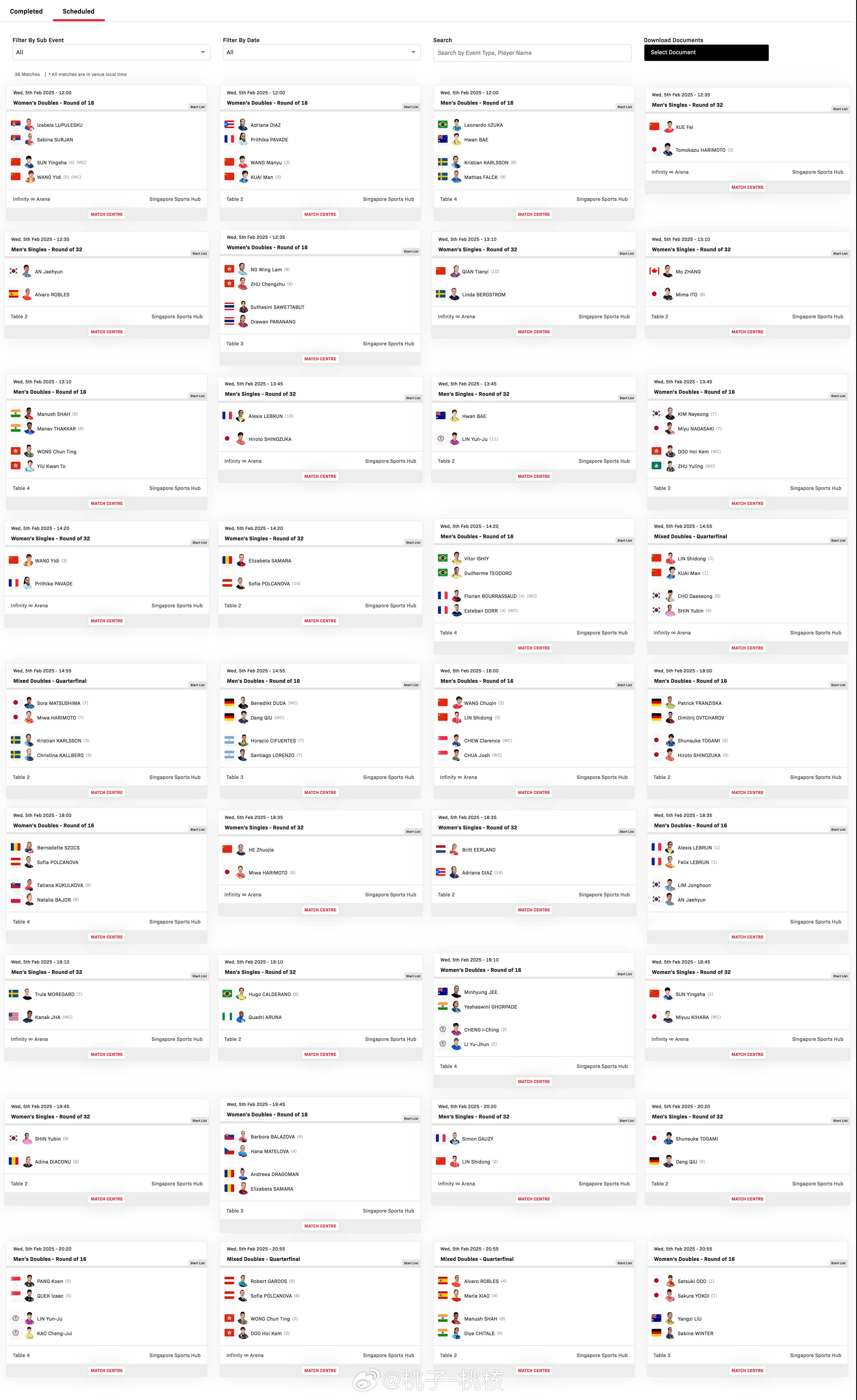 【新加坡大满贯5日赛程】 WTT新加坡大满贯2025  5日继续进行，比赛将从1