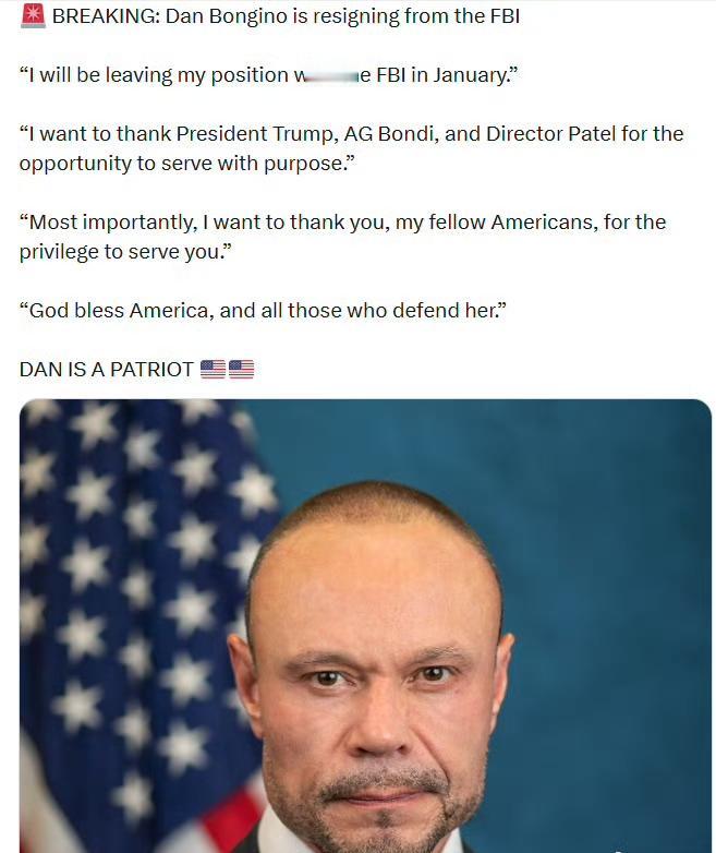 丹·邦吉诺宣布将从联邦调查局辞职。

“我将于今年一月离开我在联邦调查局的职位。