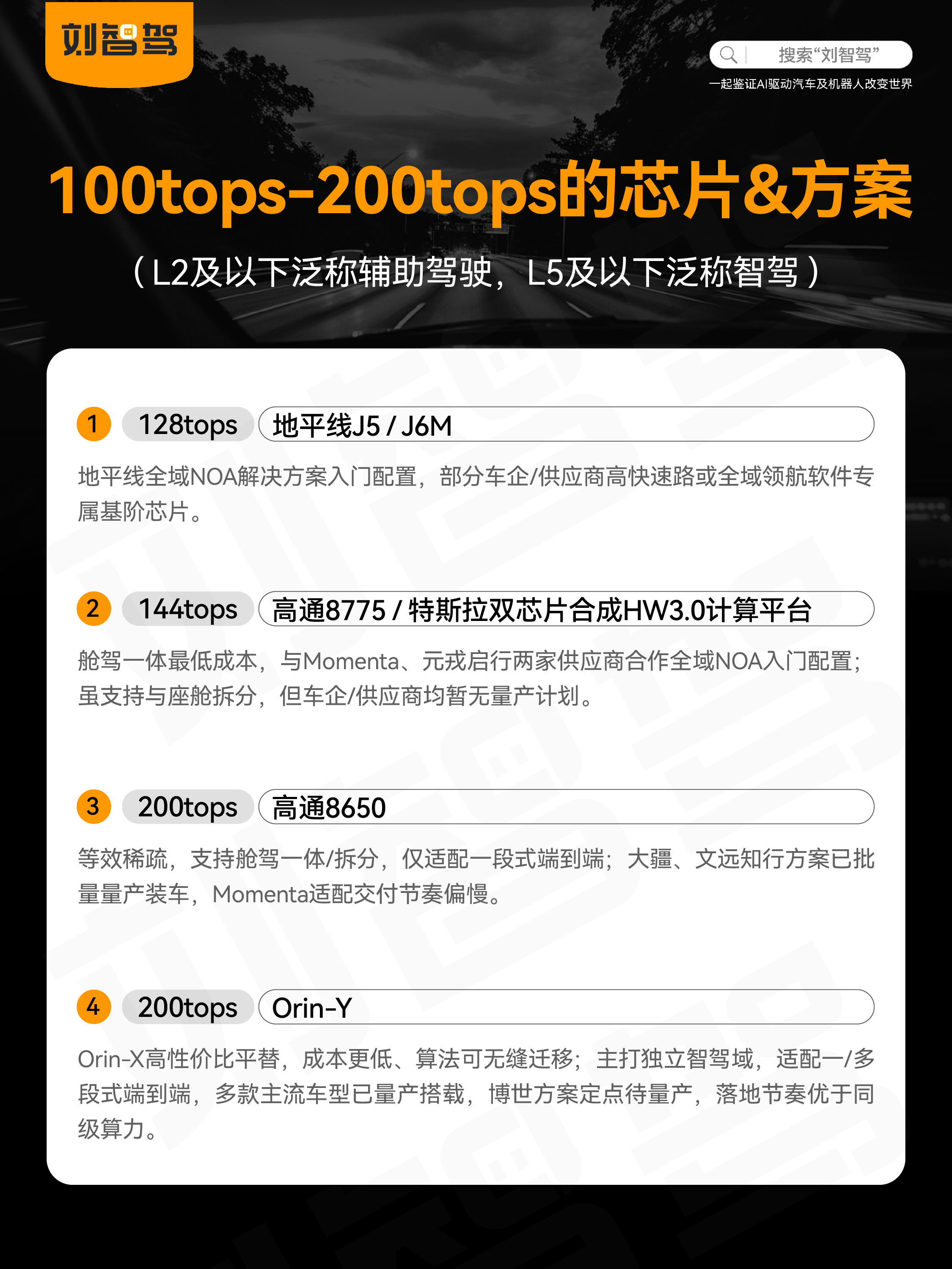 中等算力芯片&方案有哪些👇干货满满100tops以下基本只能做高速NOA和LC