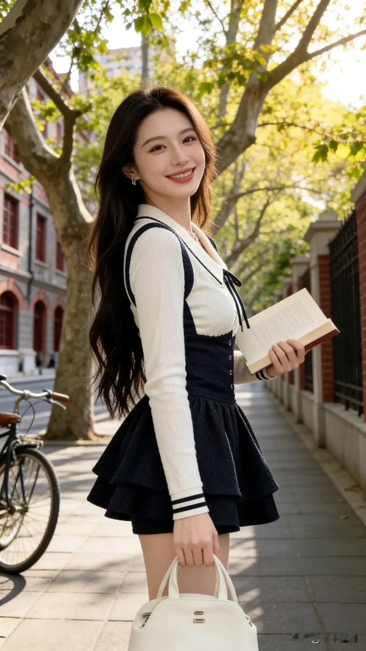 学院风套装裹着清甜元气，暖阳穿过梧桐叶落在书页上，转身笑靥明媚，是属于街角的青春