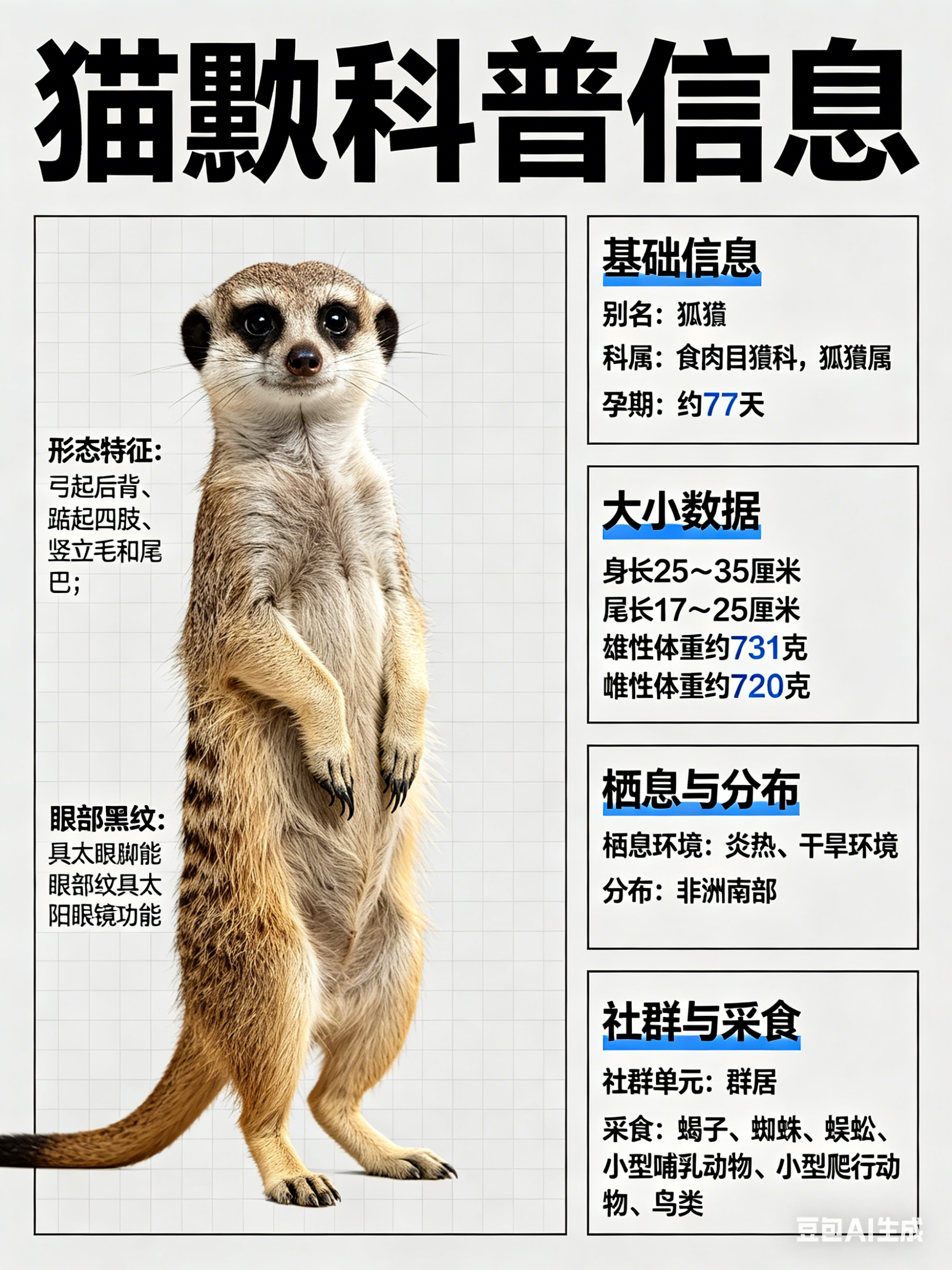 奇妙生物圈 猫鼬别名：狐獴科属：食肉目獴科，狐獴属孕期：约77天猫鼬是一种小型哺