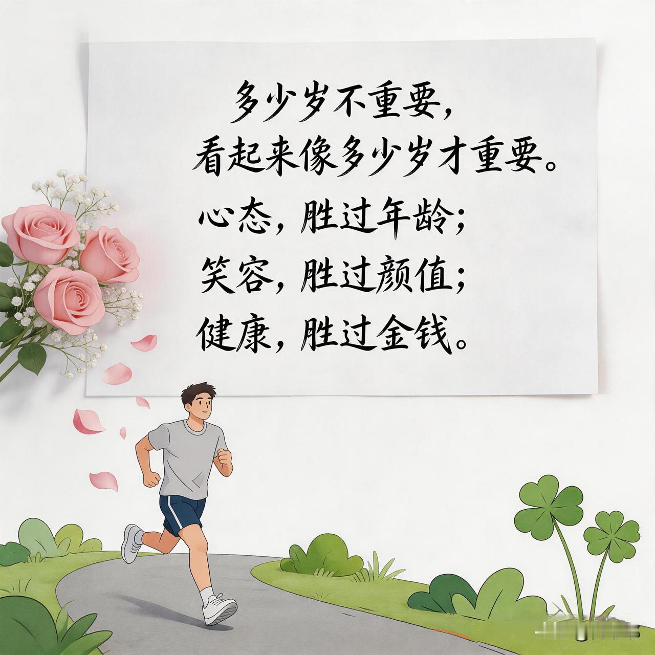 多少岁不重要，看起来像多少岁才重要。心态胜过年龄，笑容胜过颜值，健康胜过金钱。[
