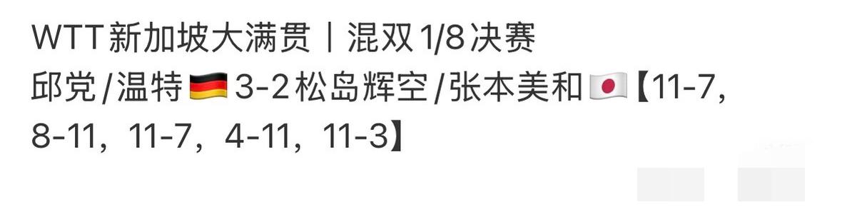 松岛辉空/张本美和2:3邱党/温特——新加坡大满贯混双两组爆冷出局！
7:11，