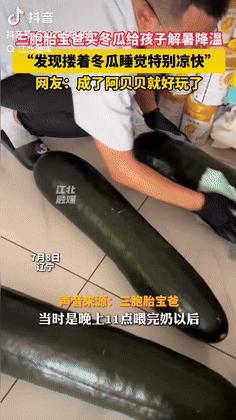 “人怎么能这么聪明！”辽宁一男子花82元买了3个大冬瓜，给三胞胎儿子喂完奶后，睡
