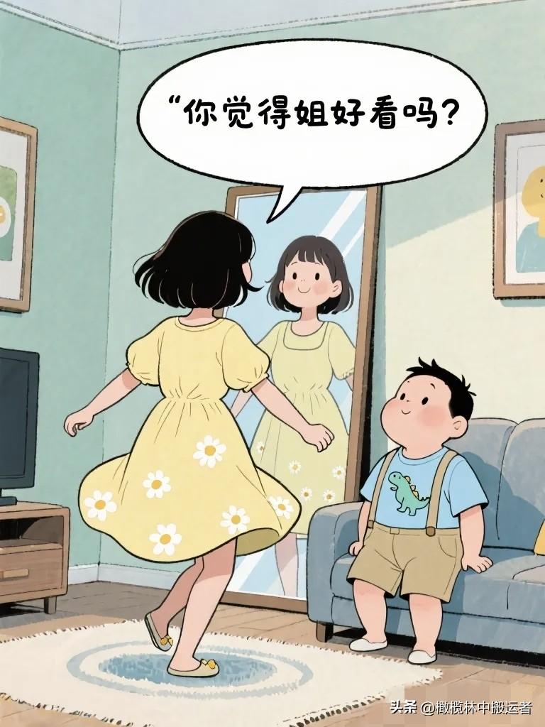 搞笑漫画：姐姐买了一条裙子，在镜子前转三圈，问弟弟：“你觉得姐好看吗？” 弟弟：