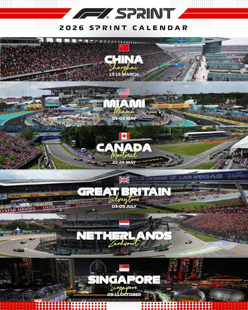 F1 2026赛季冲刺赛周末安排：中国迈阿密加拿大英国荷兰新加坡加拿大、荷兰和新