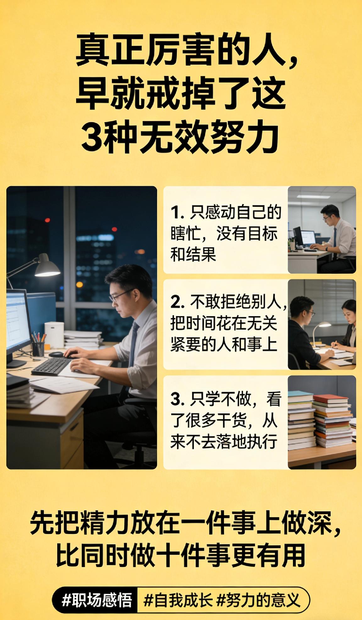 真正厉害的人，早就戒掉了这3种无效努力
 
很多人每天忙到深夜，却越忙越迷茫，其