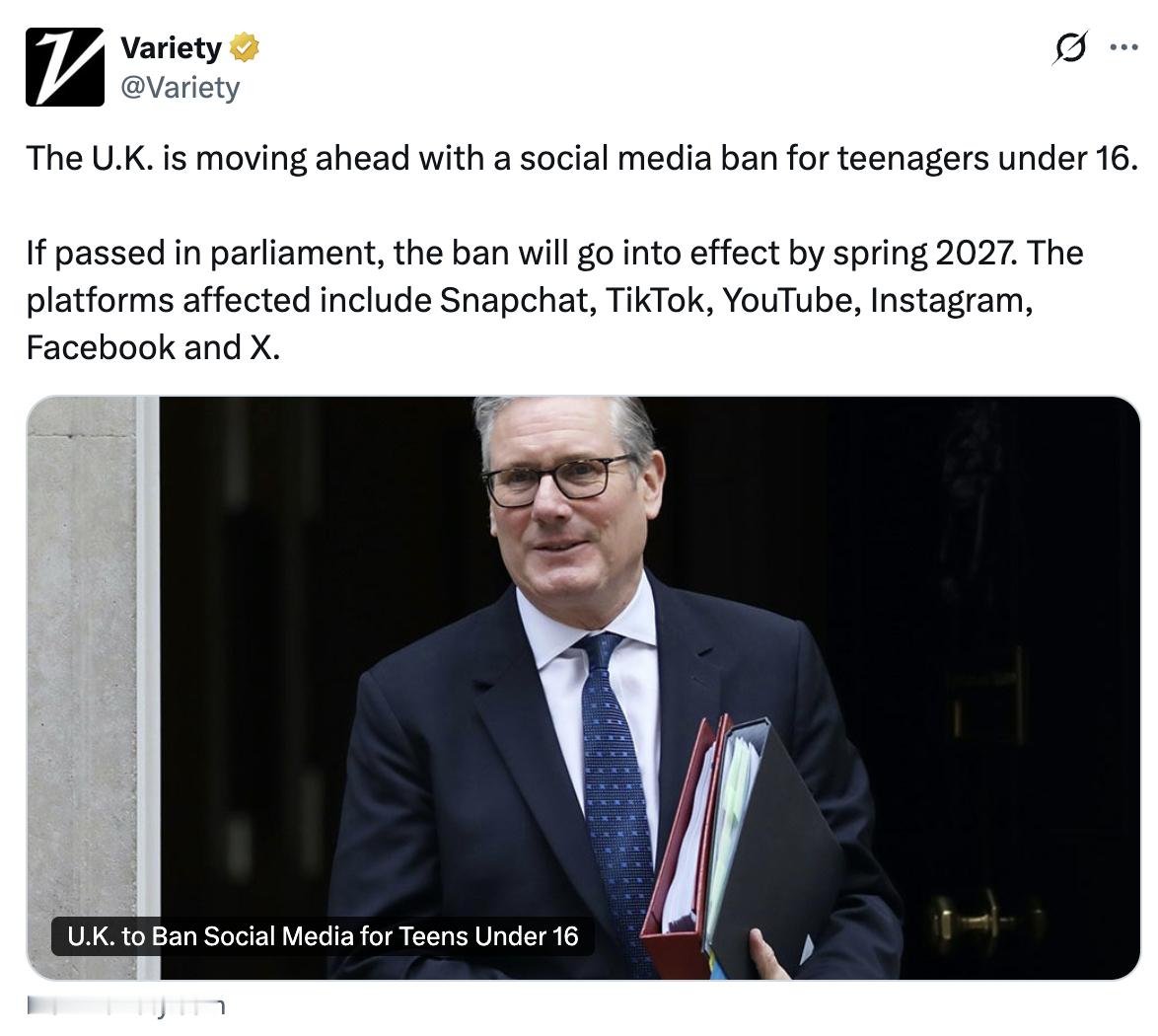 英国宣布将禁止16岁以下未成年人使用社交媒体该法规将于明年春季开始生效： 
