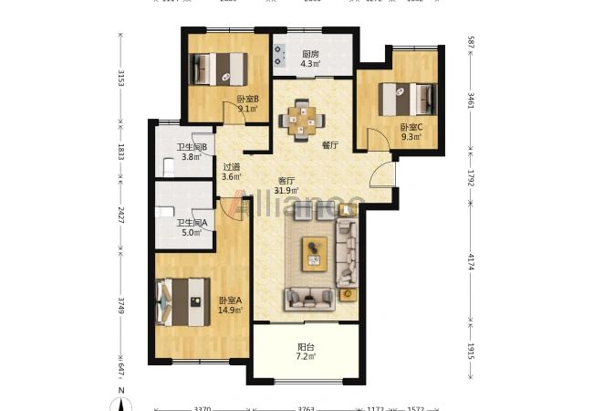 鱼化寨地铁口500米，三室两卫198万