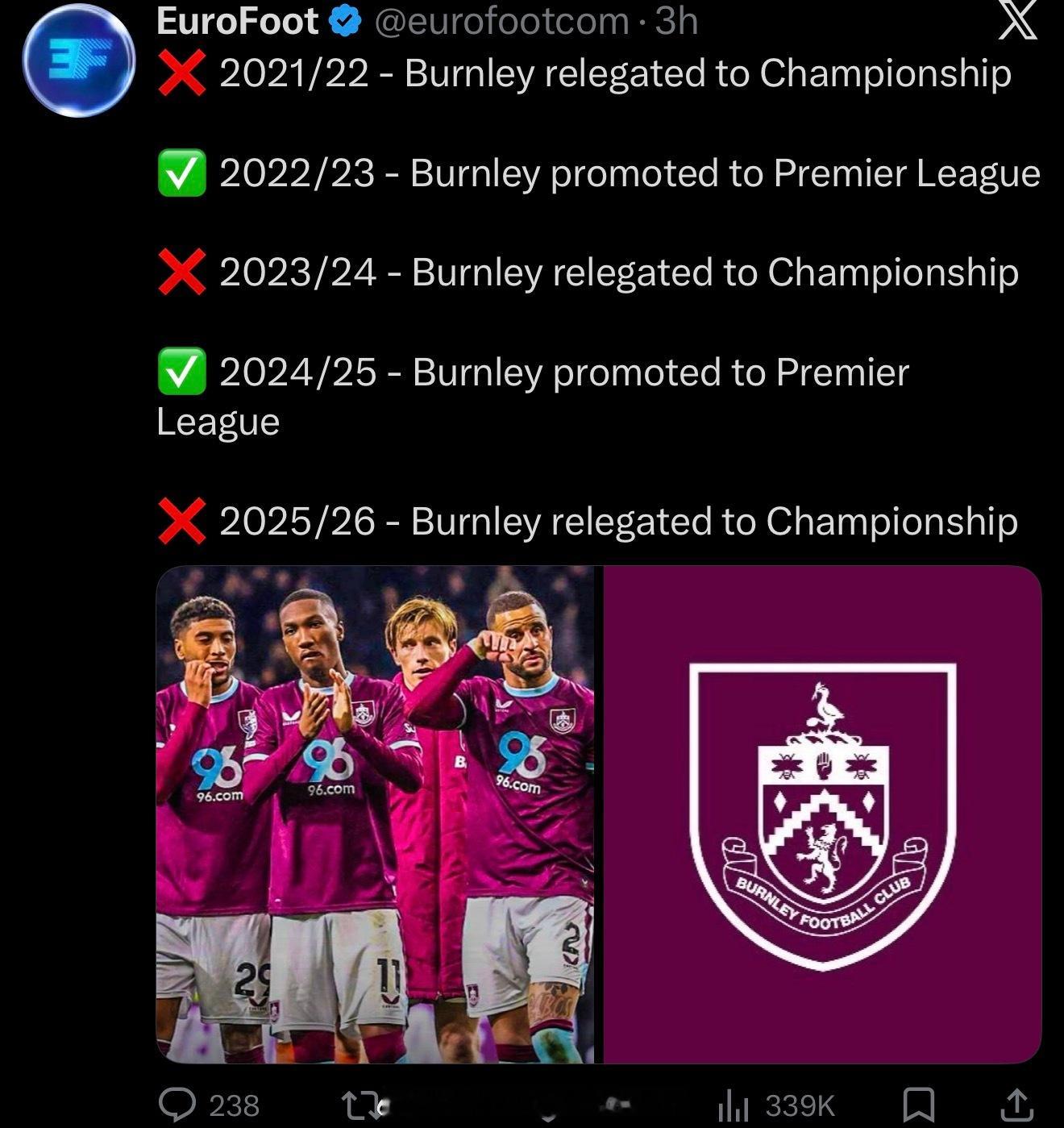 伯恩利在降级升级反复横跳，玩跳楼机还是挣升级费呢 