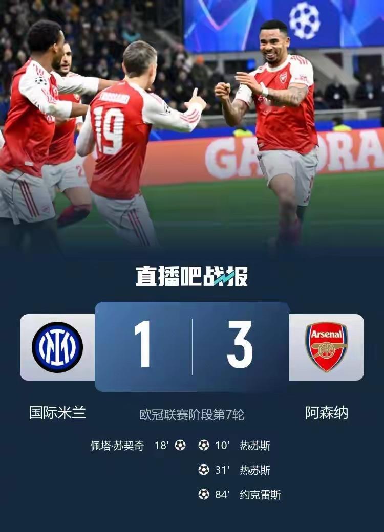 1-3，国米主场负于阿森纳，遭遇欧冠三连败，齐沃仍然无法在强队身上拿到3分。阿森