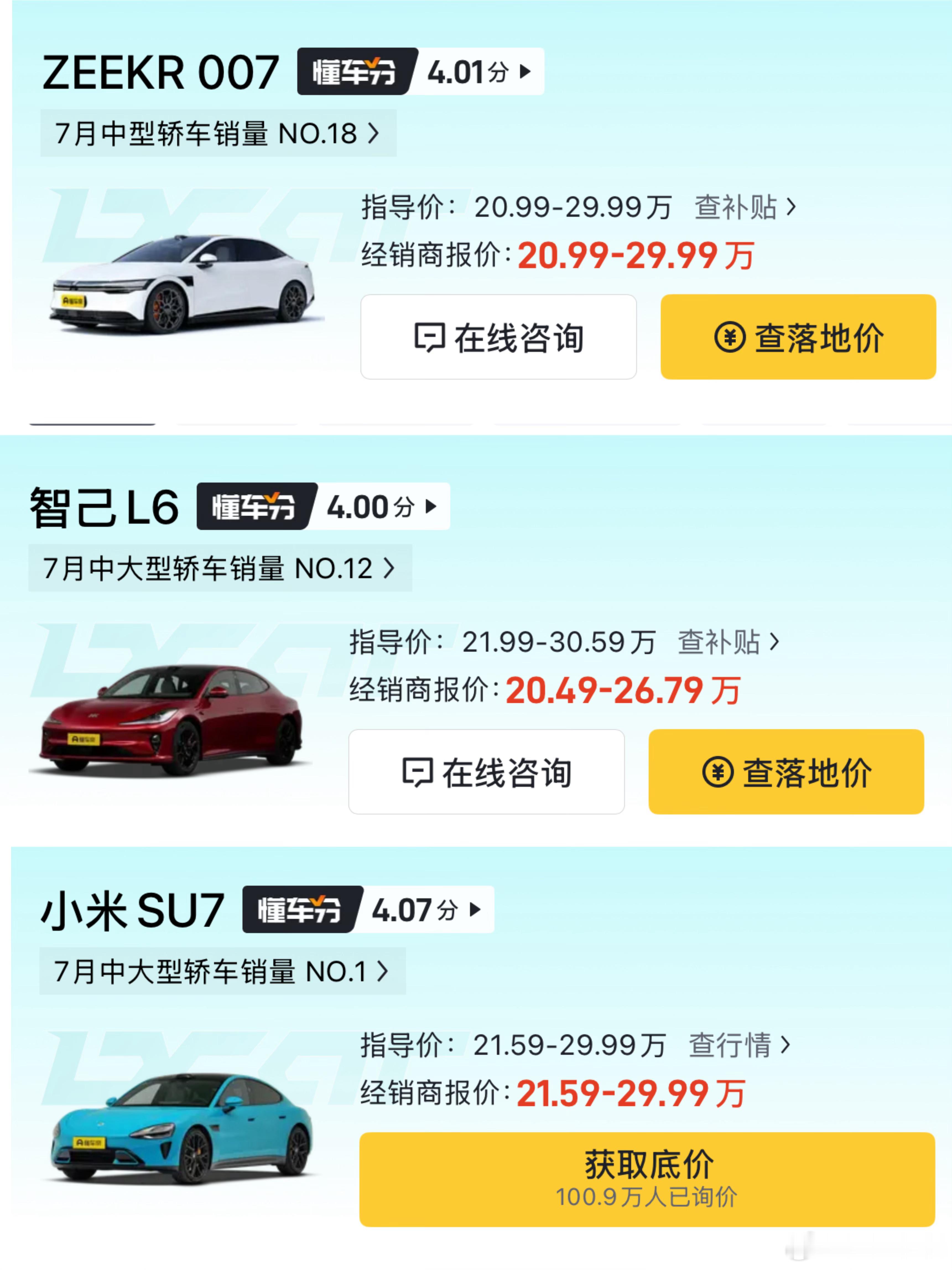 看下各家的主流轿车，价格都在20-21万起步，如果小鹏新p7价格干到18-19万