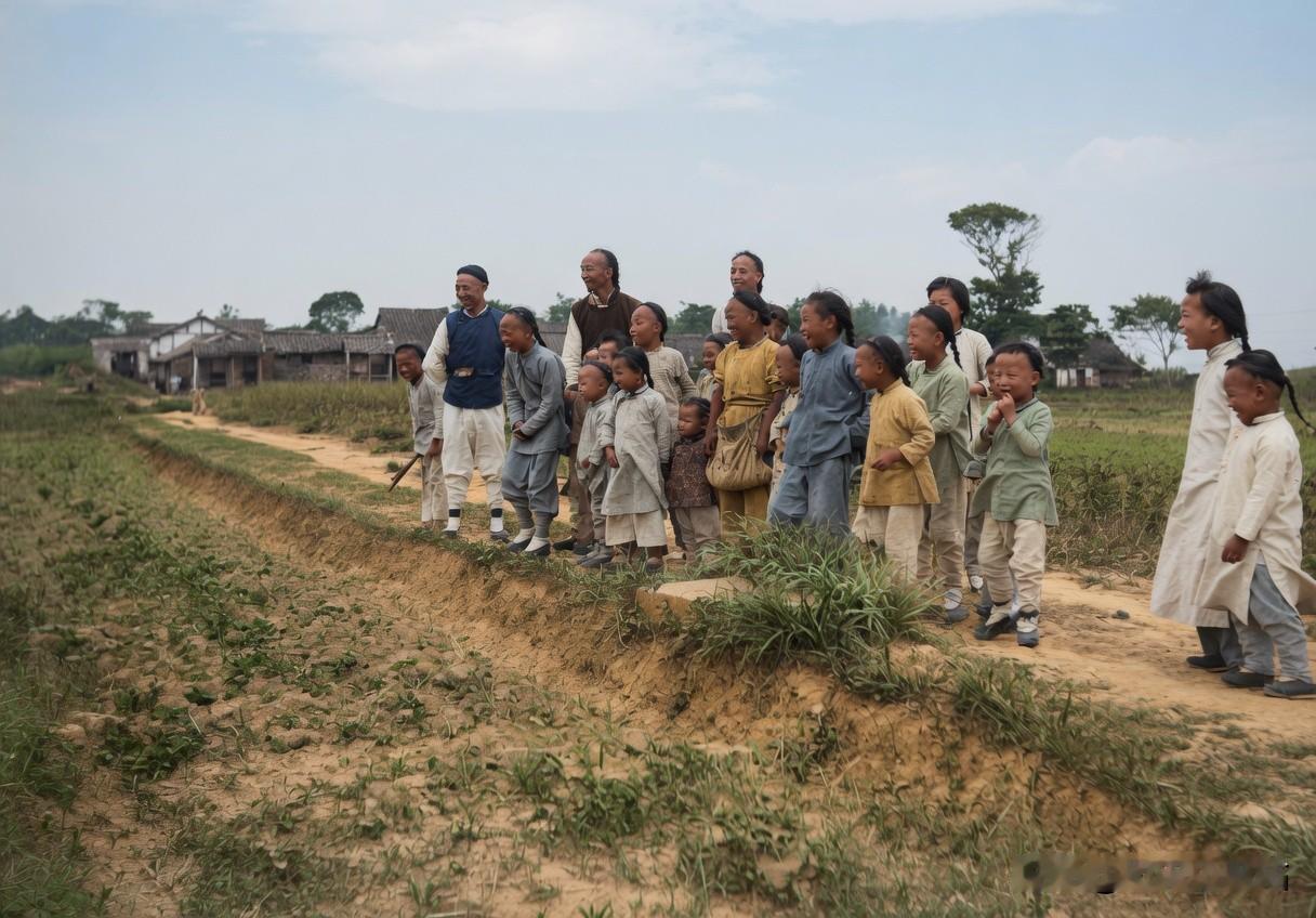 晚清乡间田野，一整户农家的大人与孩童，沿着田边站成一排，沿着田埂一字排开，脸上全