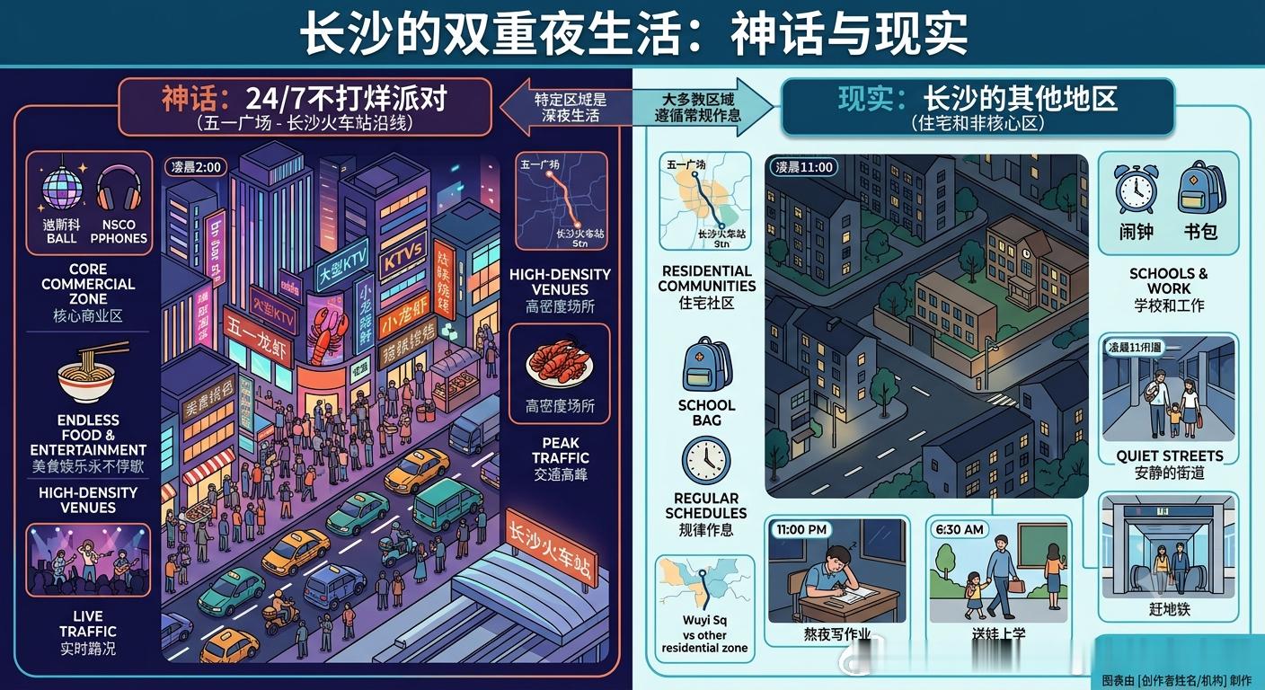 怪不得长沙人晚上不睡觉 网络镜头往往只对准了最繁华的那两公里。剥离掉滤镜，长沙其