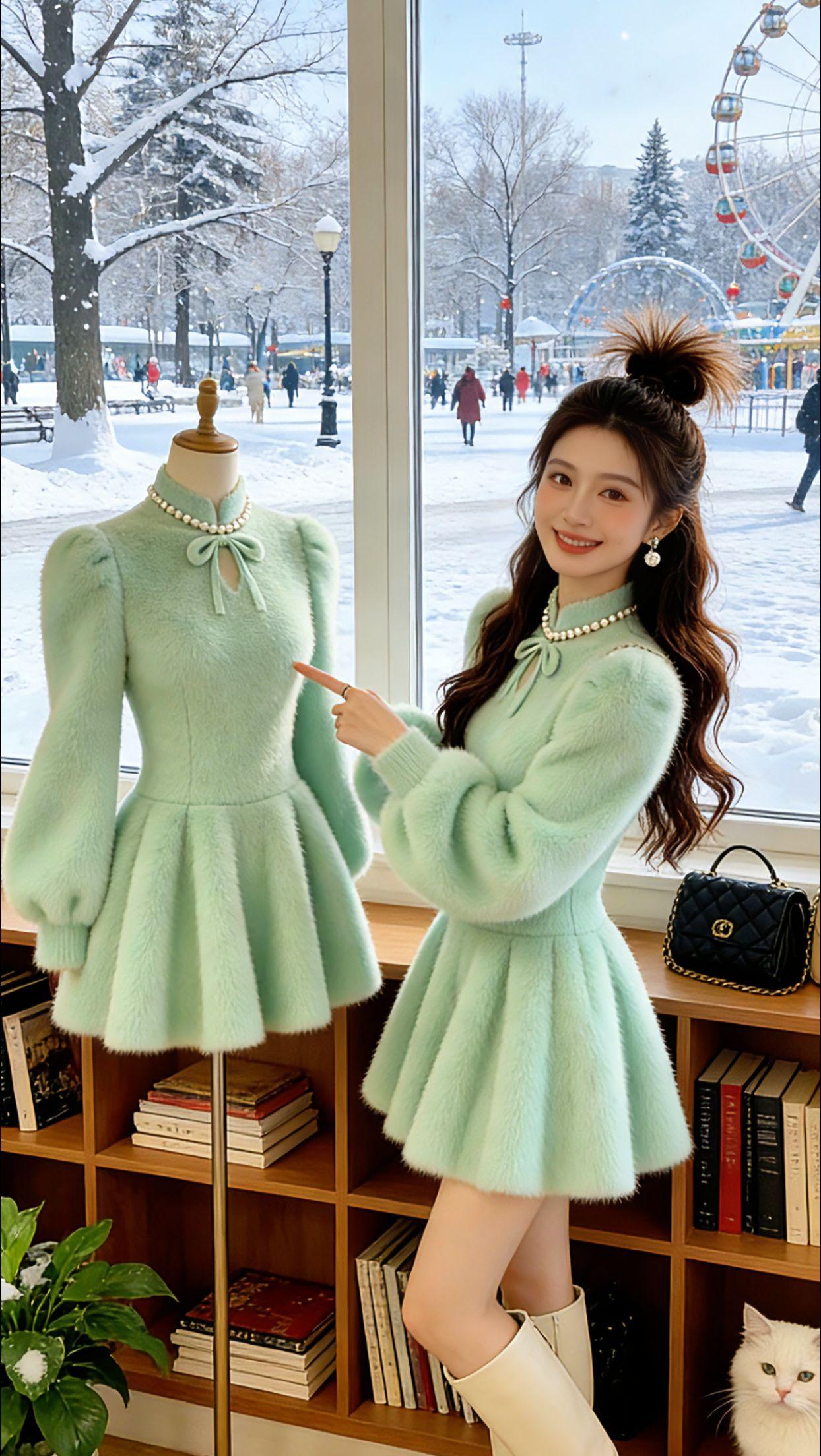 Danny雪天逛进街角咖啡店，这套薄荷绿毛绒裙直接把冬日氛围感拉满！软糯的毛绒肌
