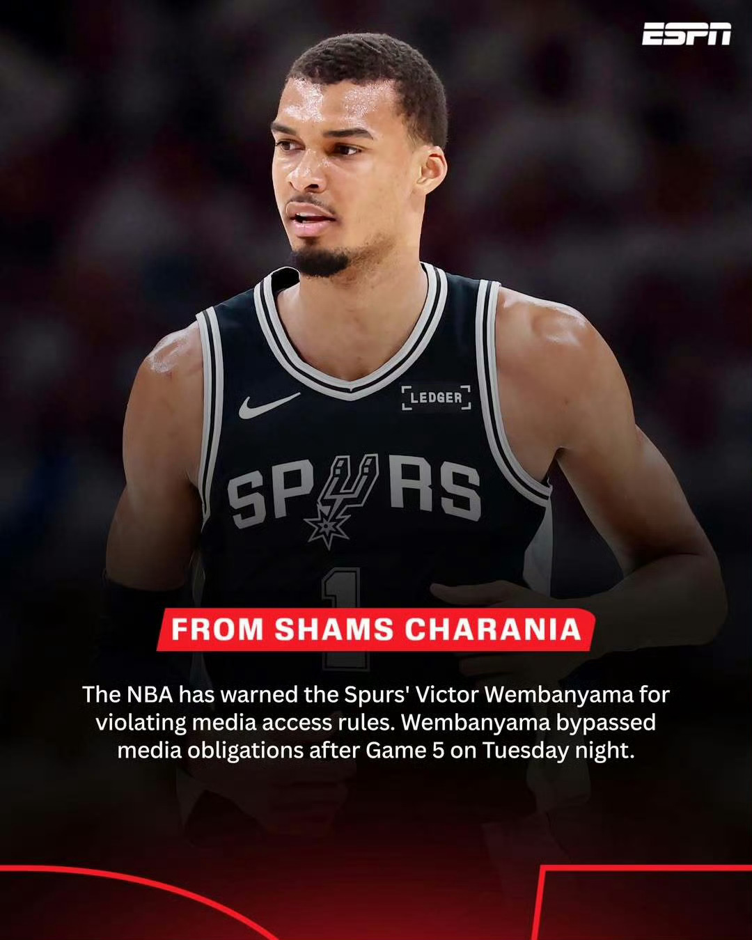 天王山结束之后，文班亚马拒绝接受媒体采访，今天NBA官方予以警告。NBA