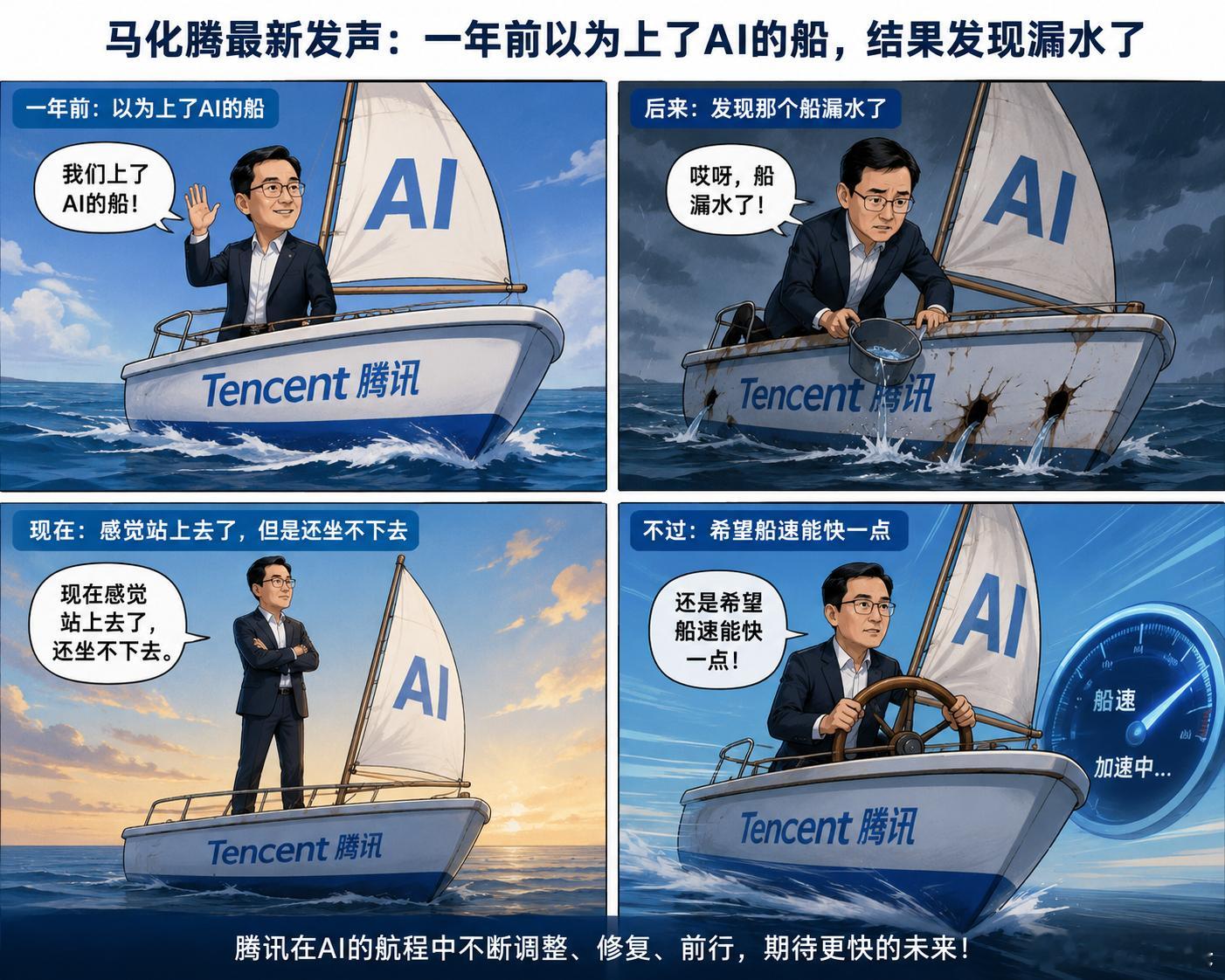 马化腾回应AI掉队 马化腾用“漏水破船”承认了腾讯AI的不足，一个知道自己船在漏
