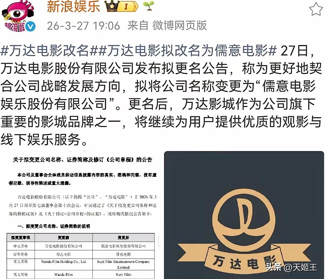 彻底告别！王思聪和万达，最后纽带断了😭
 
3月27日，万达电影官宣改名儒意电