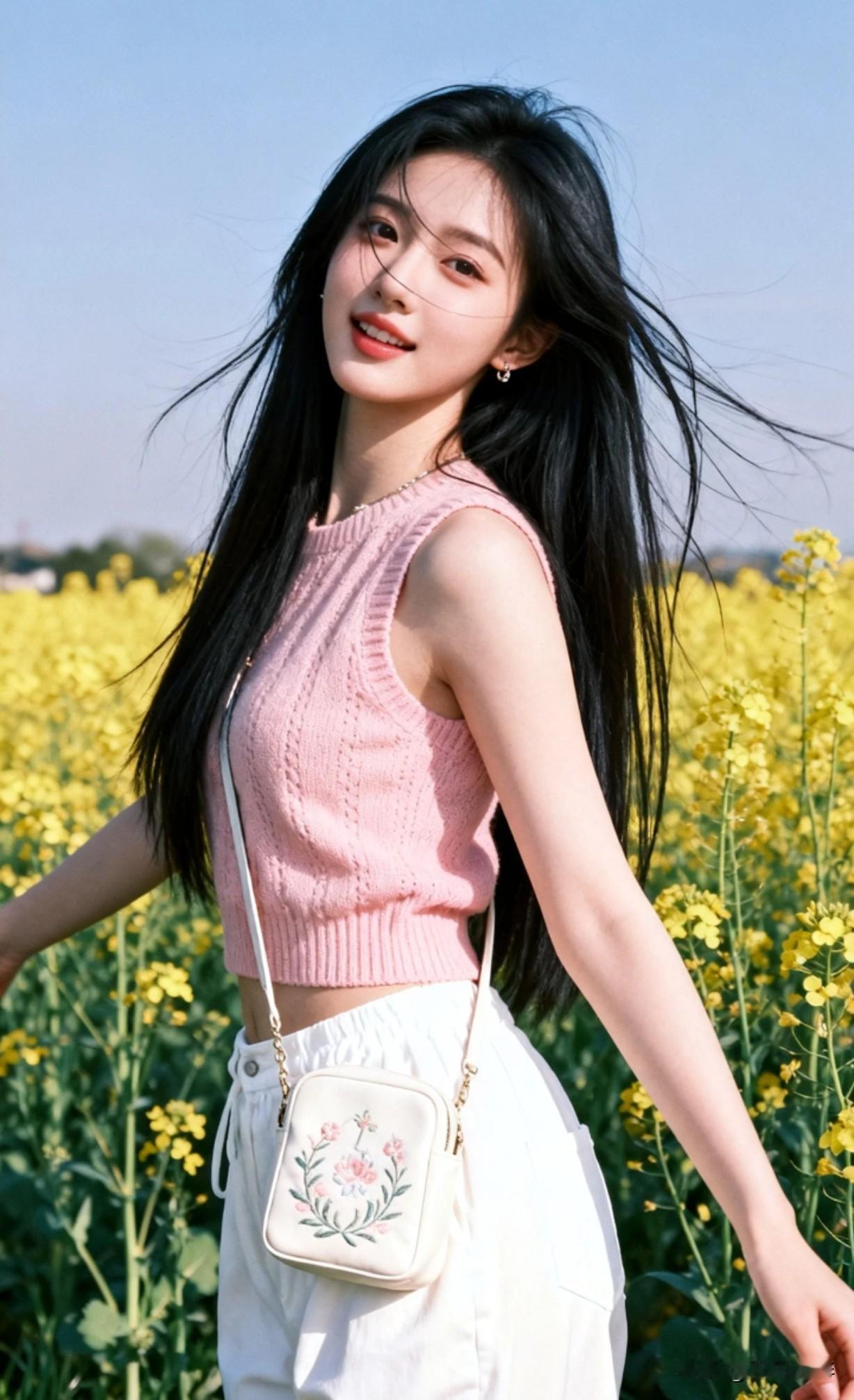 阳光下的少女，花海中漫步，青春洋溢！🌸🌼🌻她这样好穿搭，好显年轻呀。！