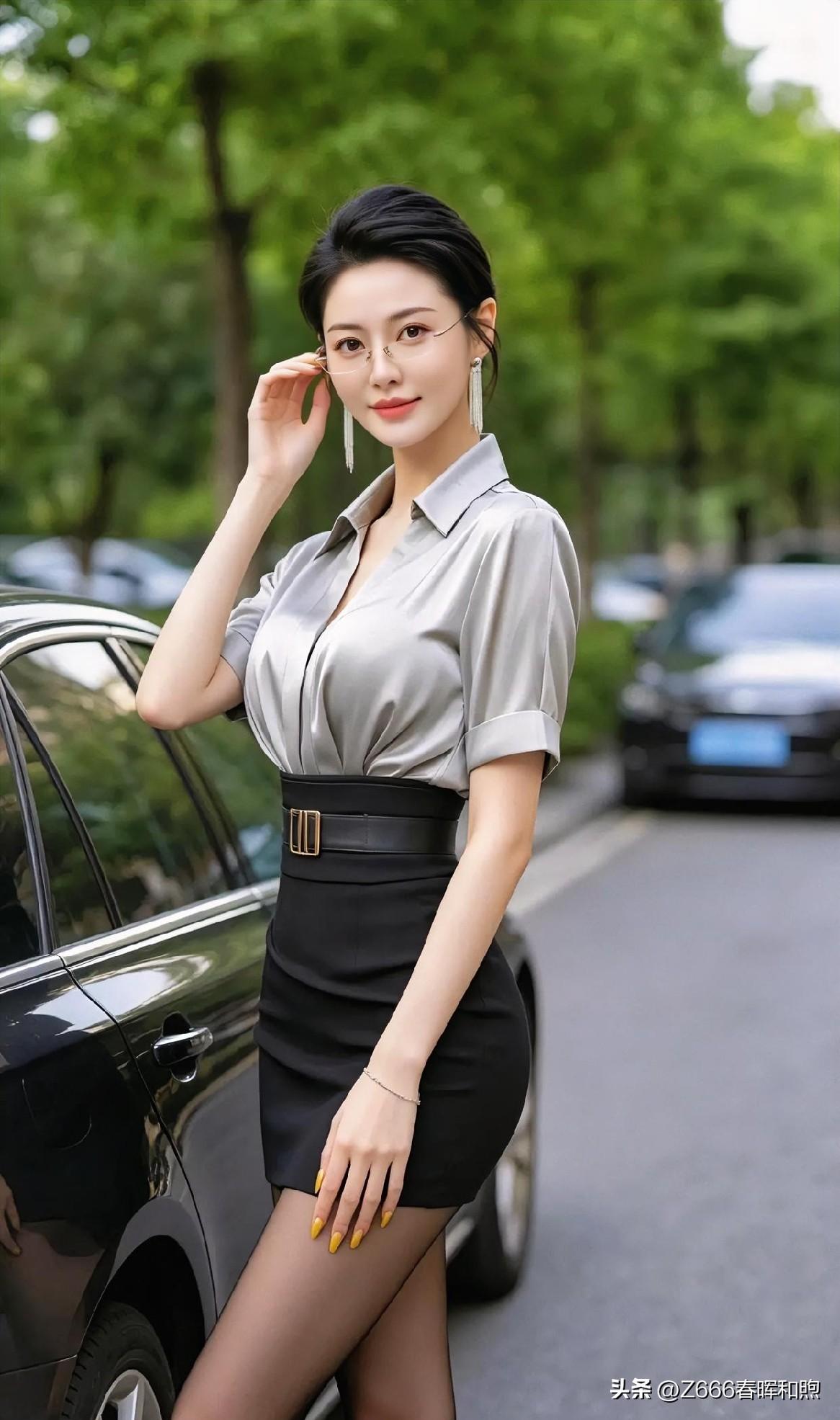 《智美向未来》

灰衫黑裙，知性优雅。

轻扶镜框，笑靥如花。

车旁独立，气场