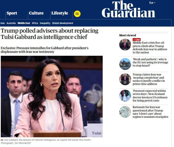 特朗普对国家情报总监图尔西·加巴德彻底不满，正询问内阁成员是否要将其解雇。
 