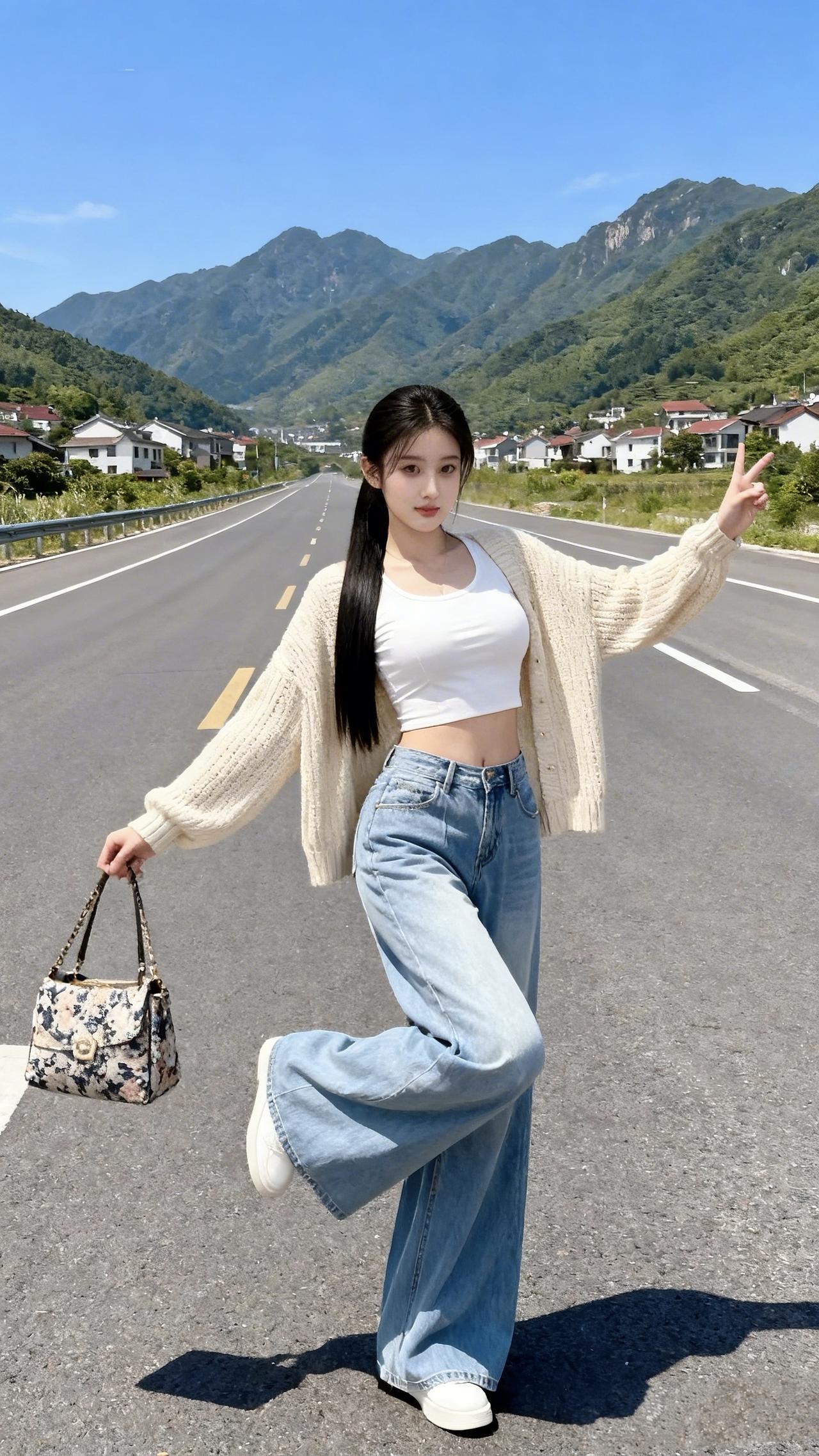 《山野闲行》
 
天开一镜染澄蓝，云絮轻垂吻翠鬟。
层嶂如屏环四野，长衢似带绕村