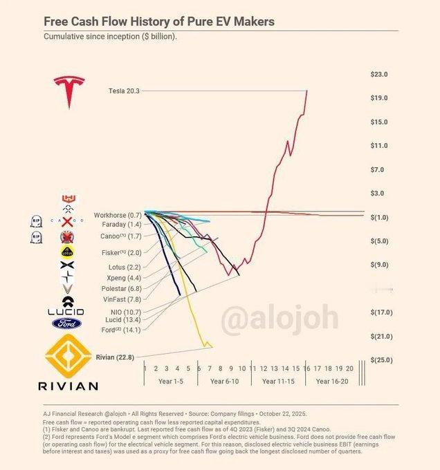 来自外媒的图，显示特斯拉是全球唯一的一家从成立至今累计产生正向自由现金流的纯电动