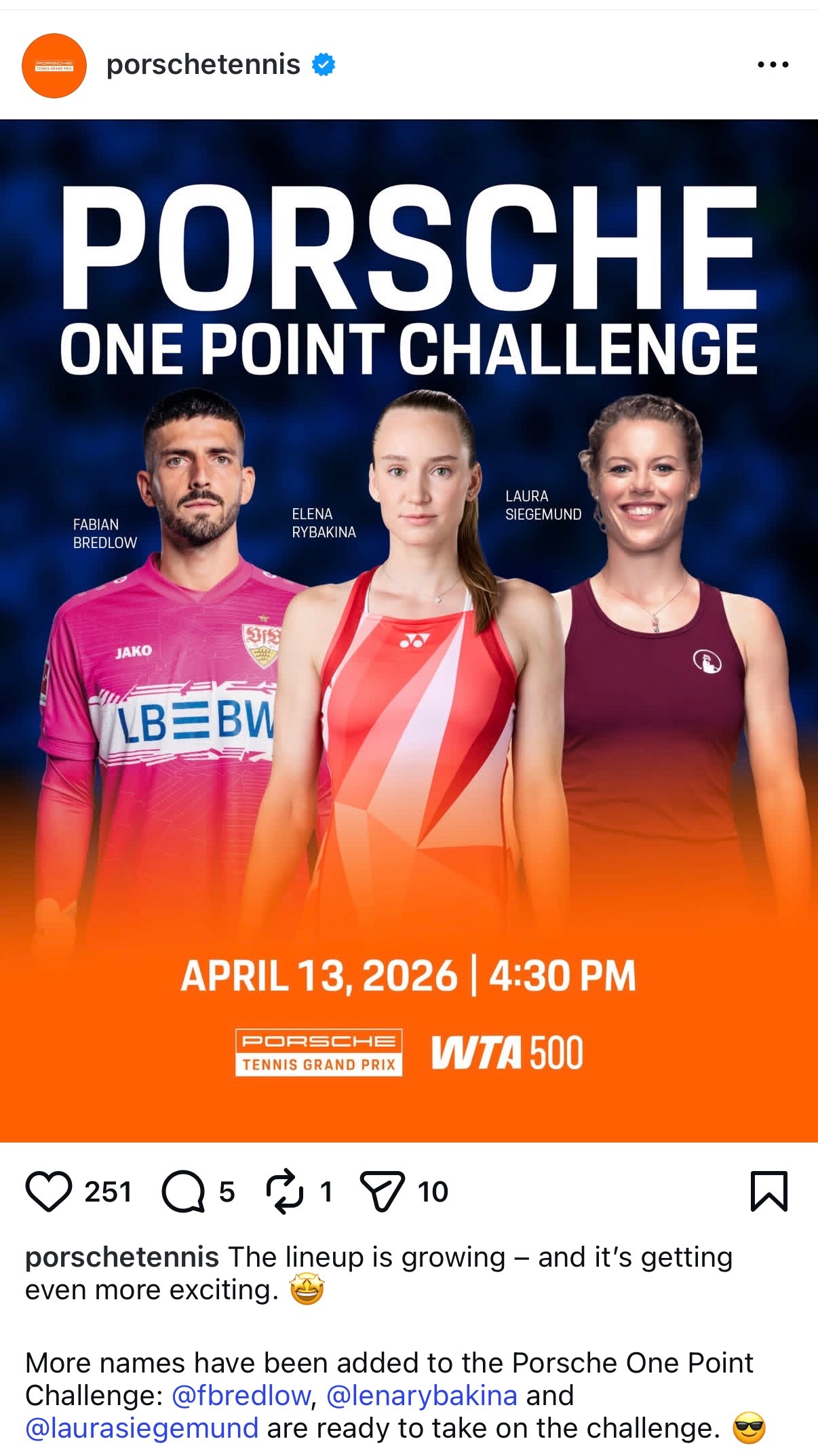 斯图加特500赛也推出“一球制胜挑战赛”，莱巴金娜、西格蒙德将参与。看看西格蒙德