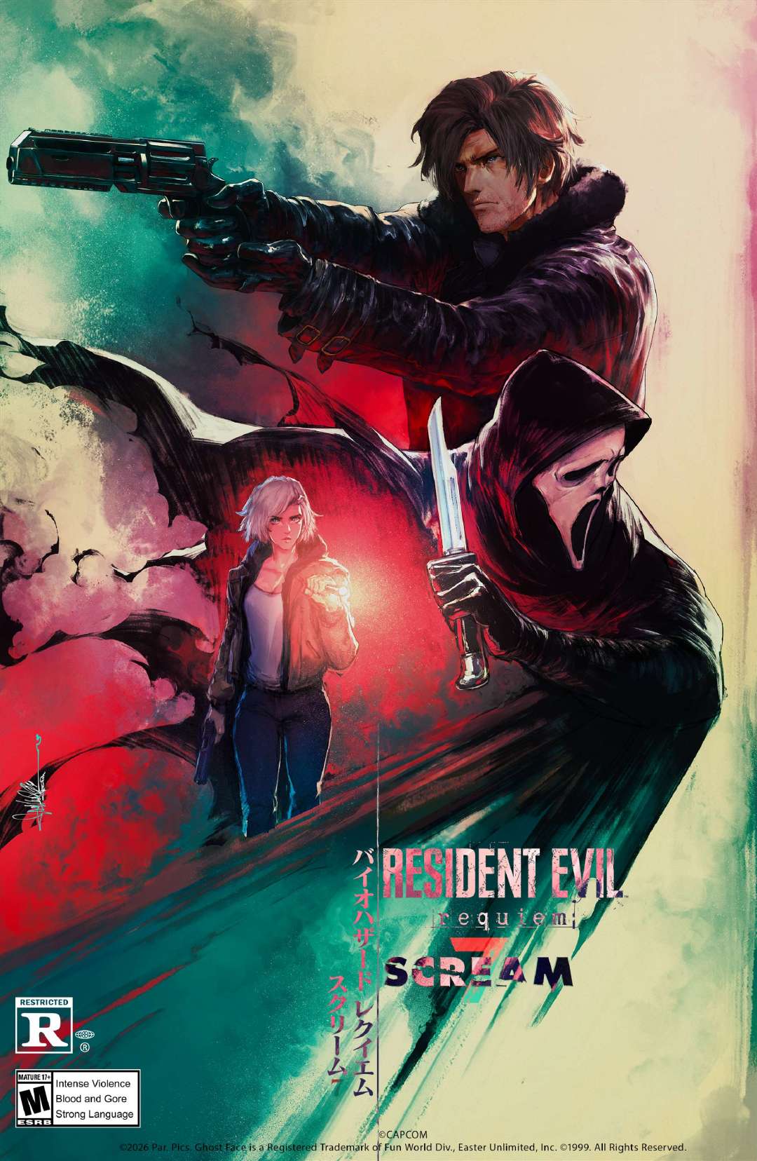 《生化危机》官推发布了一张联动海报以庆祝《惊声尖叫》30周年以及及《惊声尖叫7》