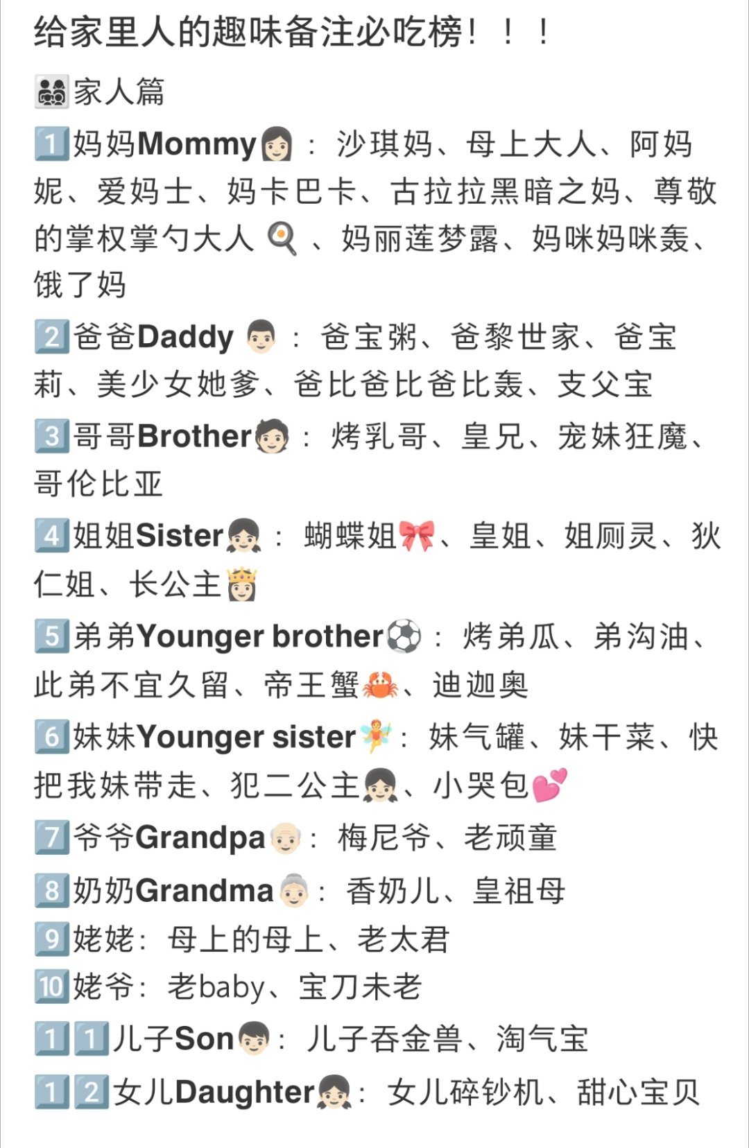 一代人有一代人的备注要写我就喜欢给家里人和好朋友备注，感觉很亲切，跟直接存原名的