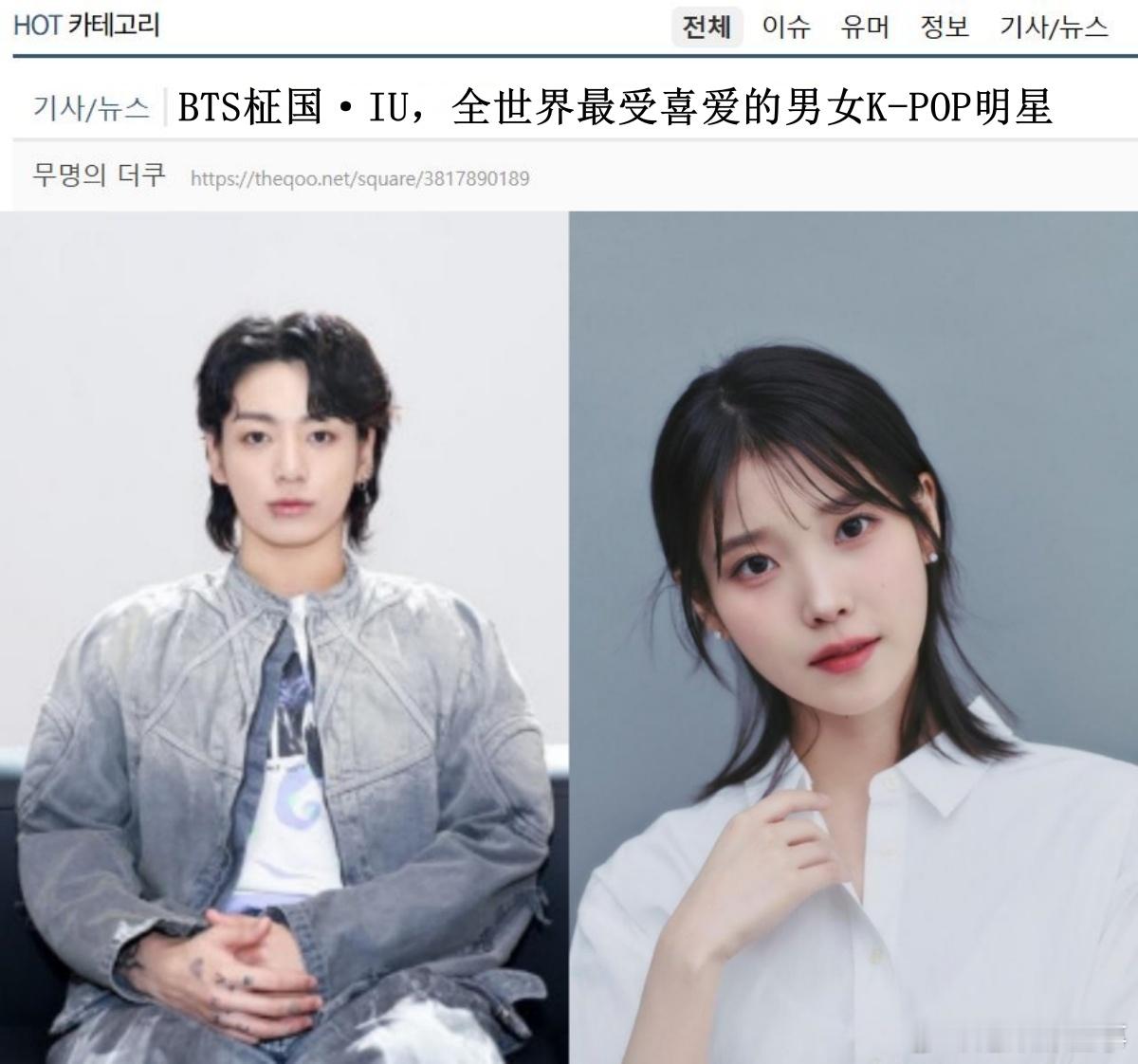 🔥韩网热帖评论翻译🔥BTS田柾国·IU获选全世界最受喜爱的K-Pop男女爱豆