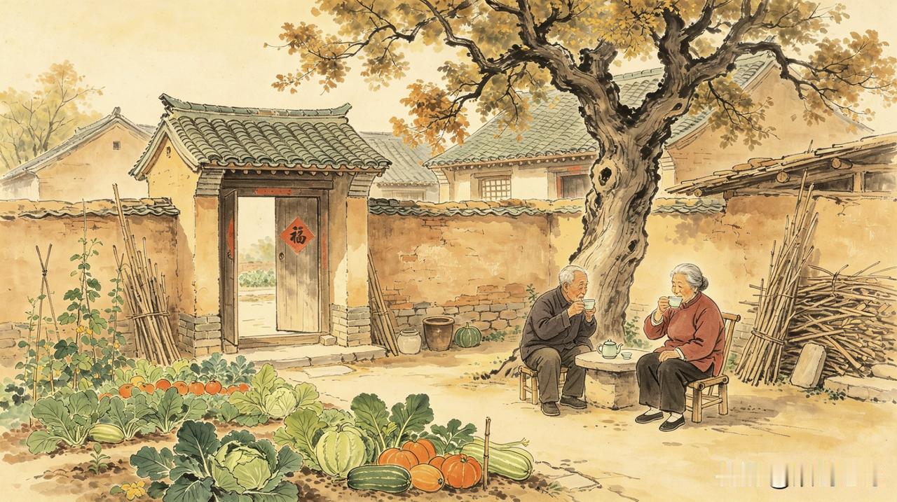 七言·故园情思
土墙柴栅老农家，
果脆蔬鲜院内瓜。
青瓦房檐榆树下，
恍然慈祖品