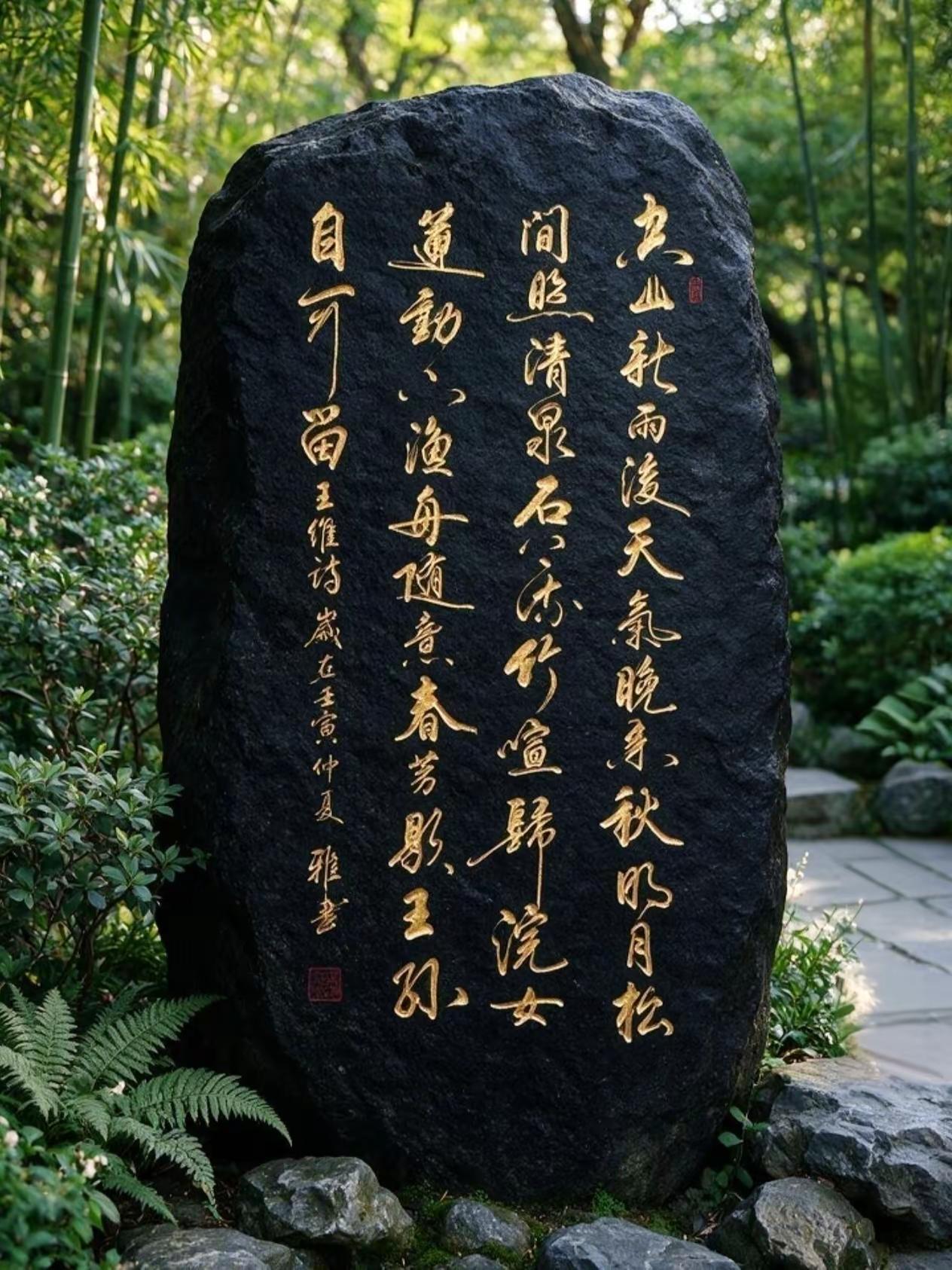 维安原创书法作品。园林景石刻字 书法的审美标准