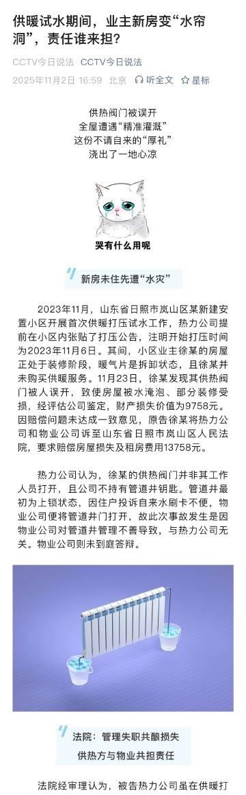 供暖试水期间，业主新房变“水帘洞”，责任谁来担？今日说法 @CCTV今日说法