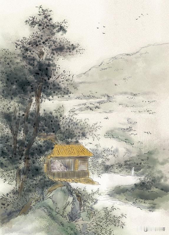 七律·山居
远岫凝烟紫气华，白云生处即余家。
疏林屋后千重色，浅涧门前几缕纱。