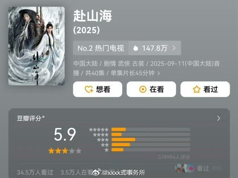 《赴山海》豆瓣开分5.9分，低or高 ​​​