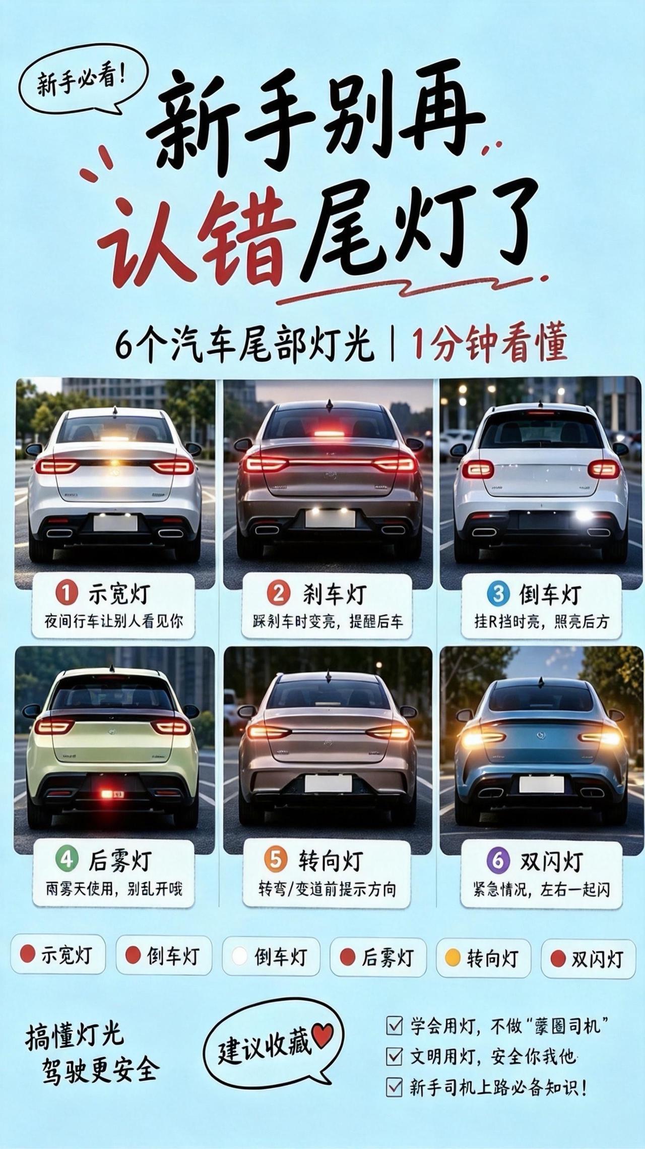 一张图带你看懂车上6种尾部灯光。

①示宽灯：晚上开车打开，让别的车看见你的车身