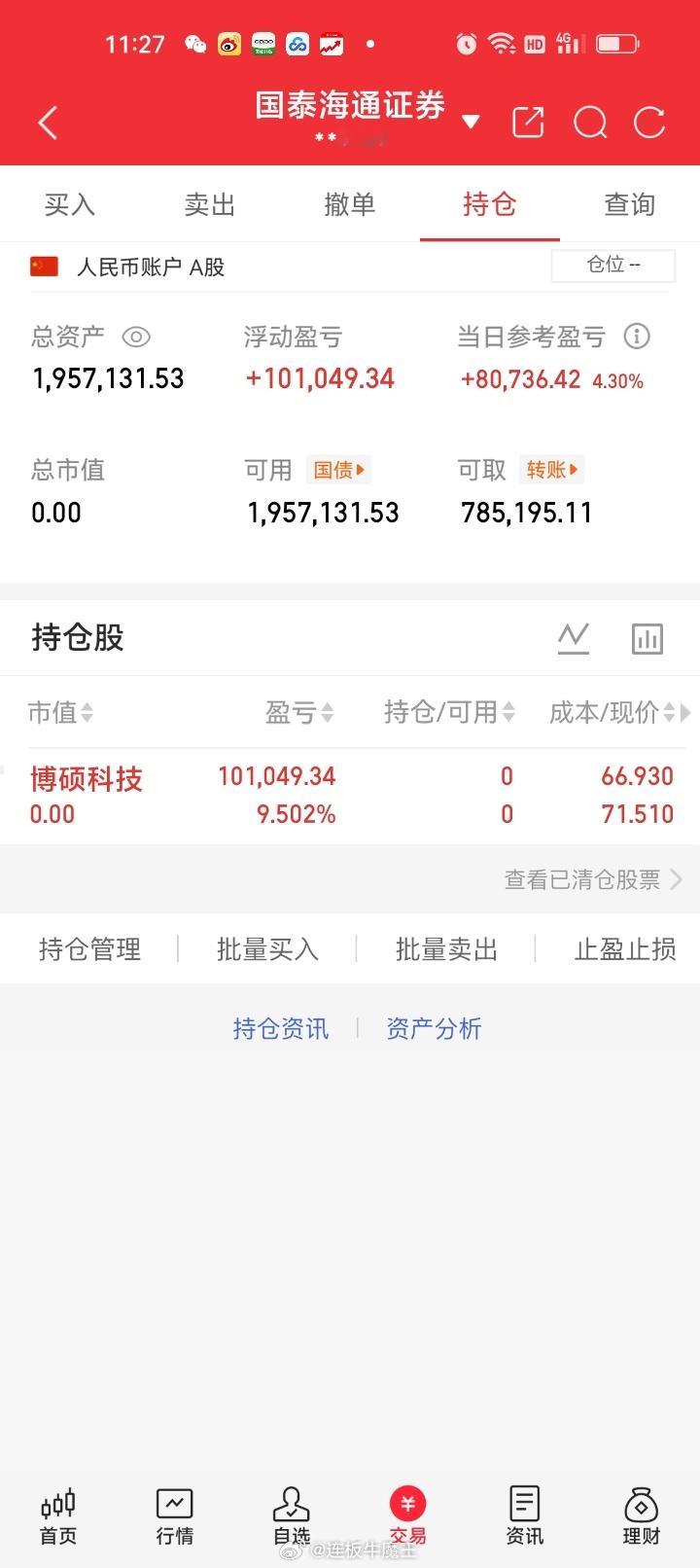 周三早盘清仓止盈博硕科技，持股T十3交易日盈利9.502%，获利101049.3