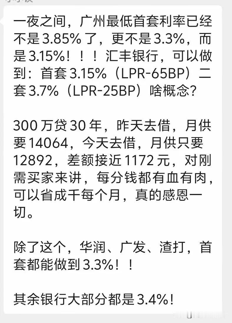 广州楼市新政一说房贷取消利率下限，各大银行就开始卷起来了。

一向卷得最狠的汇丰