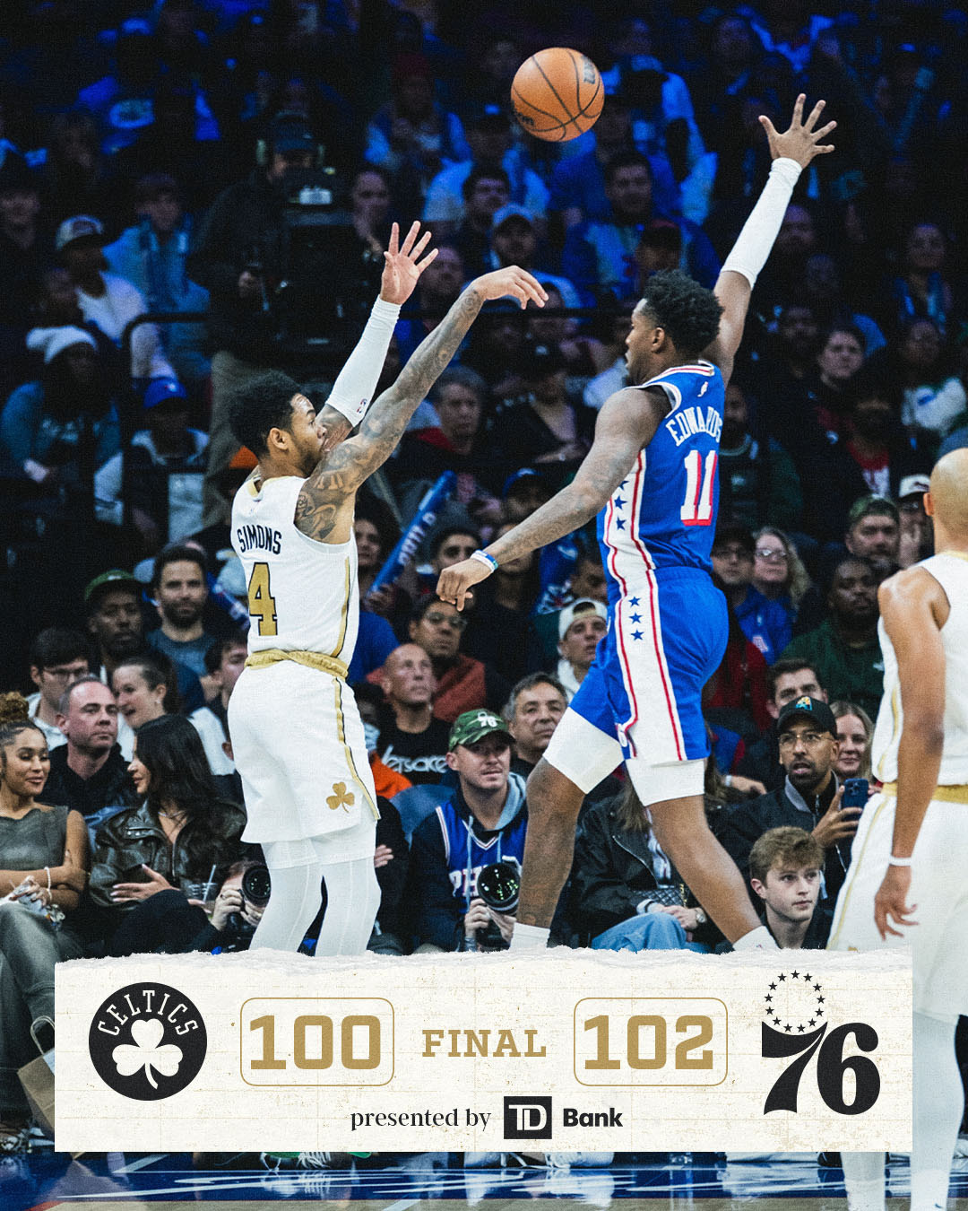 全场比赛结束！100：102不敌76人！布朗24分5助，怀特18分7助，安芬尼-