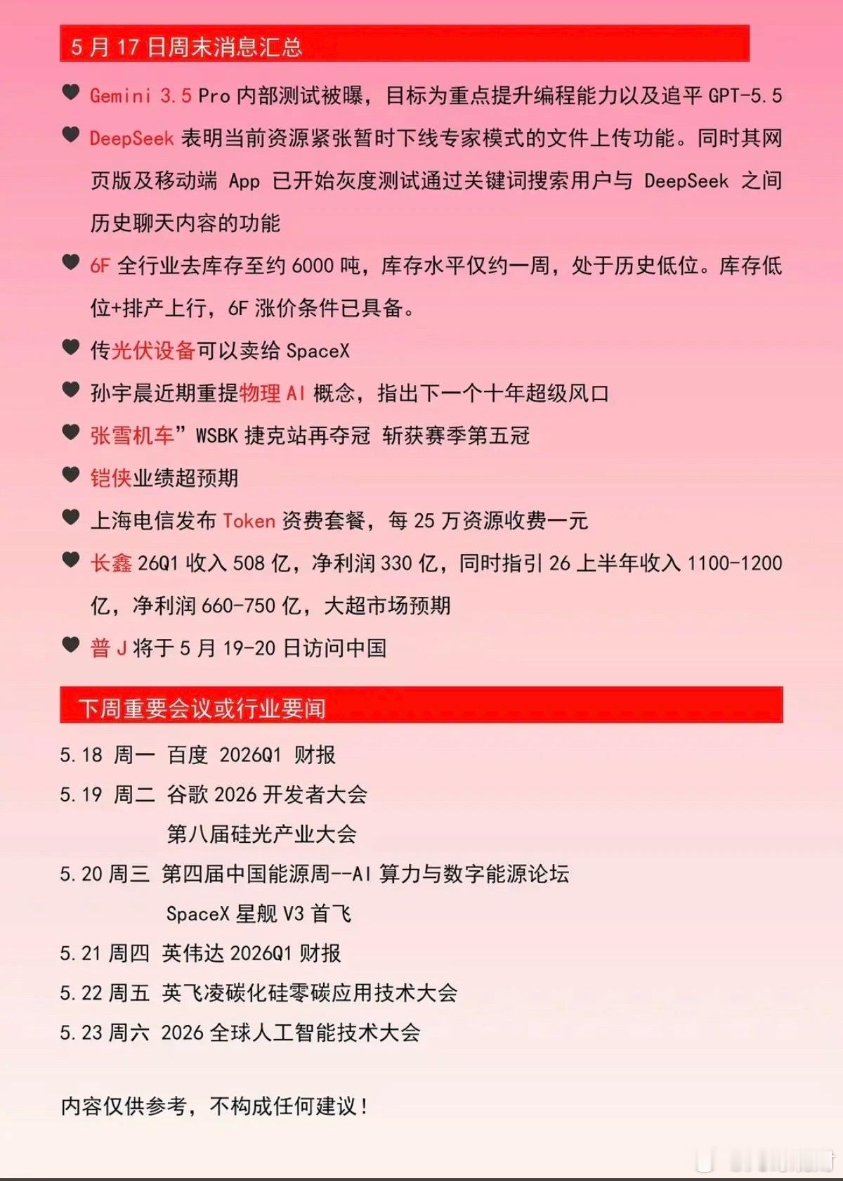 5年18周一  财经热点信息+下周行业会议！1.Deepseek2.六氟磷酸锂3