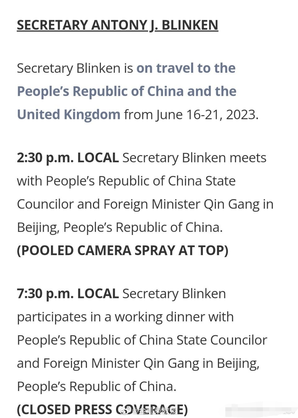 布林肯国务卿下午和晚上主要是和秦刚国务委员兼外长谈。 ​​​