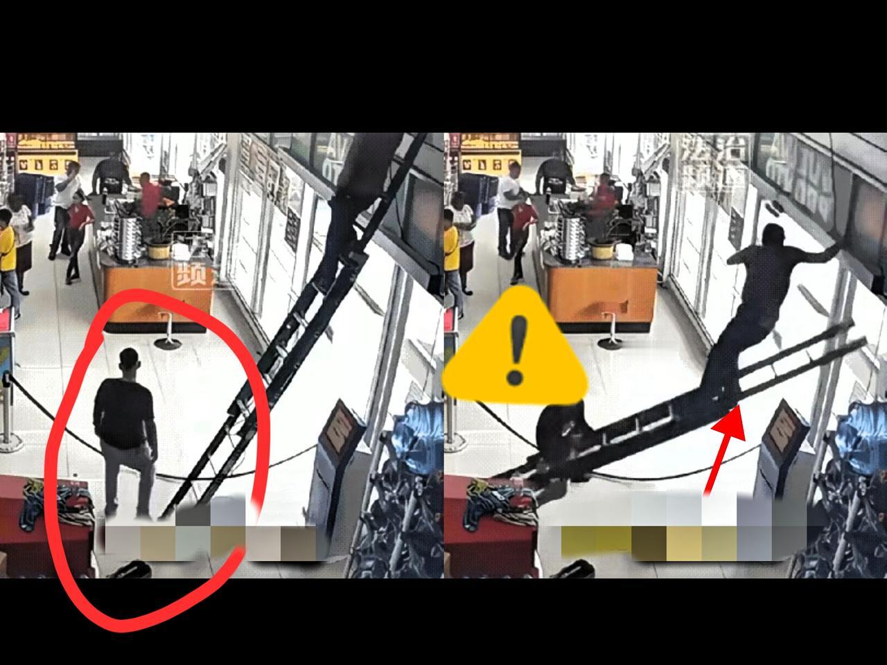 猪一样的队友呀！
两男子搭档干活，一个爬梯子，一个在下面用脚顶梯子做防护，结果