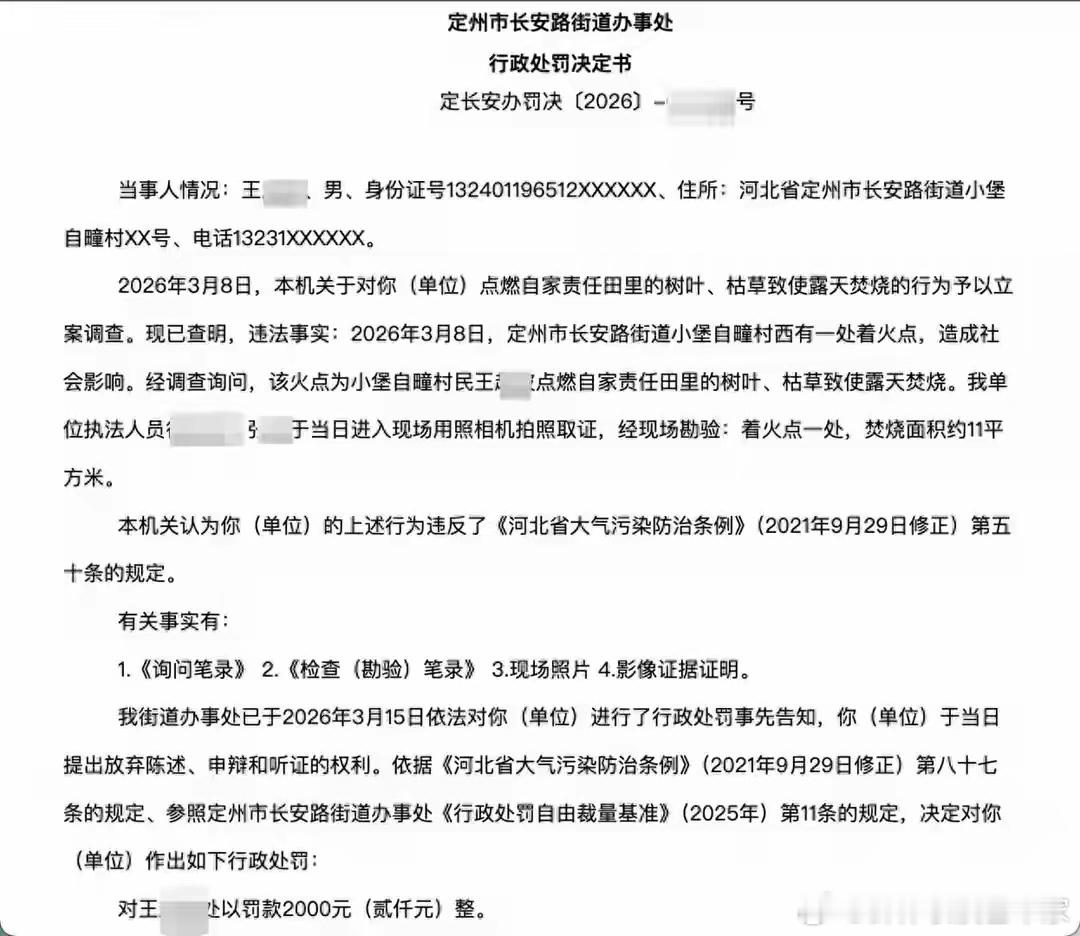 河北定州市一名老人，因在自家责任田里焚烧树叶、枯草，过火面积11平方米，被当地街