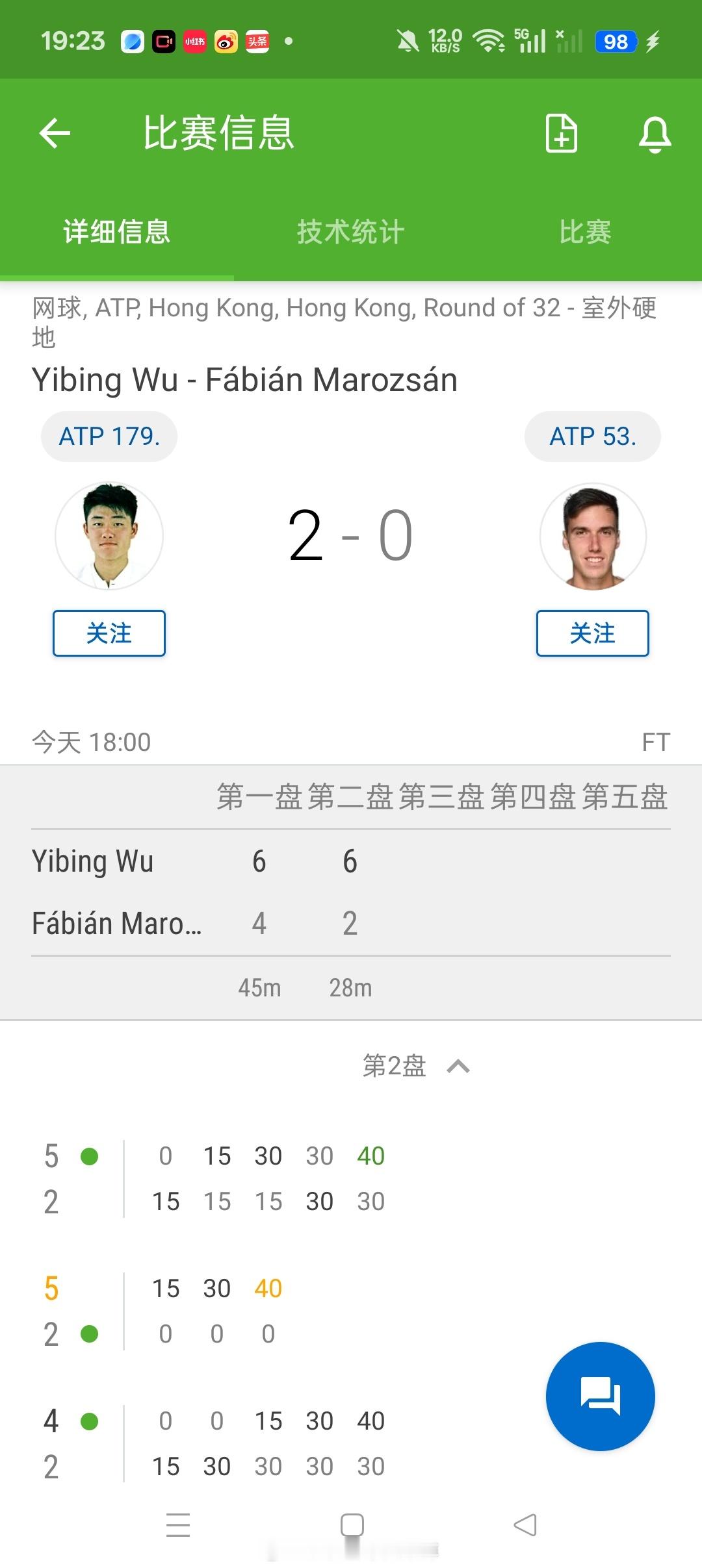 小花小草资讯 【ATP250🇭🇰香港】男单正赛签表🇨🇳吴易昺6-46-2